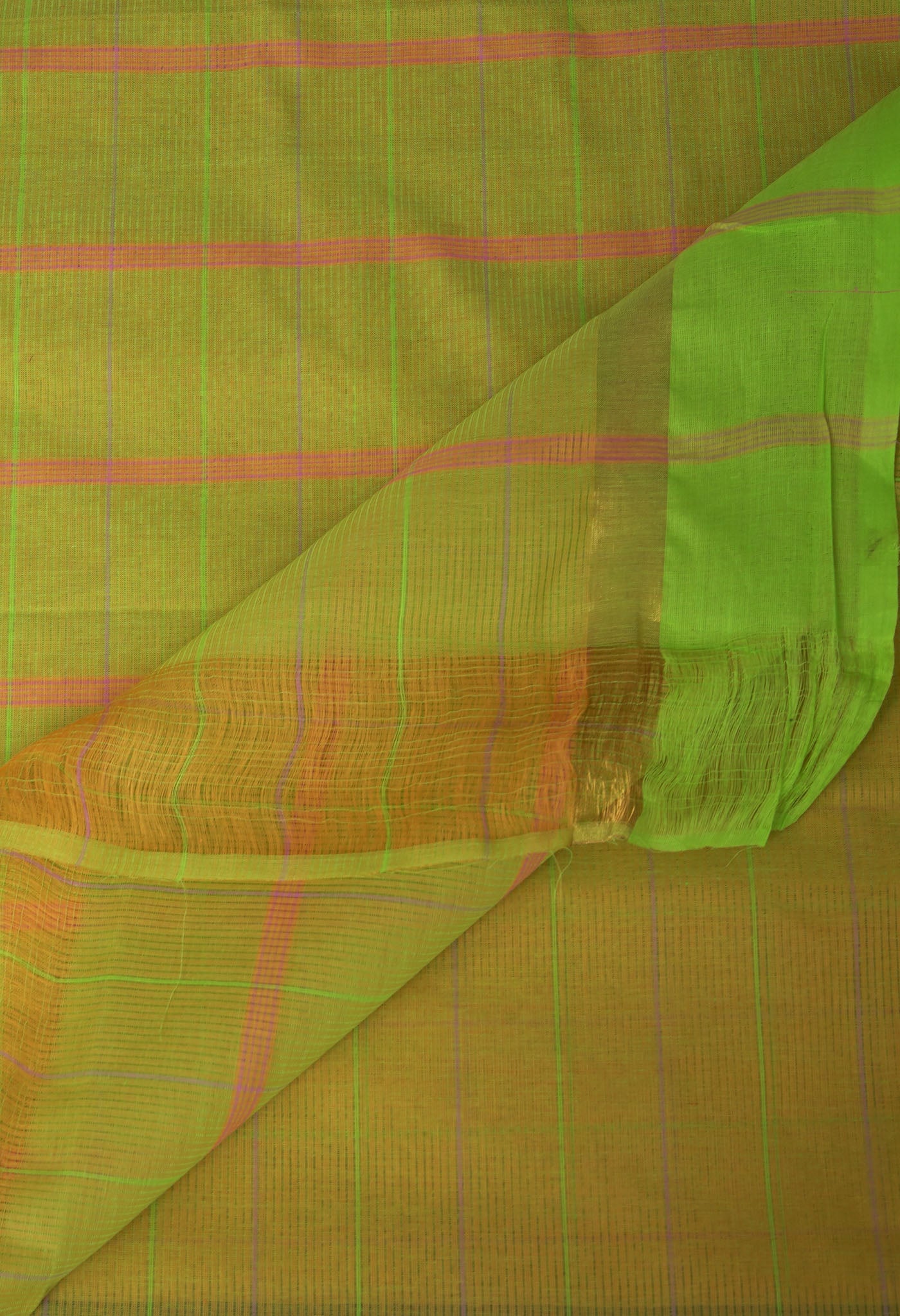 Orange-Green Pure Woven Checks Pavani Mangalgiri Cotton Saree-UNM83146