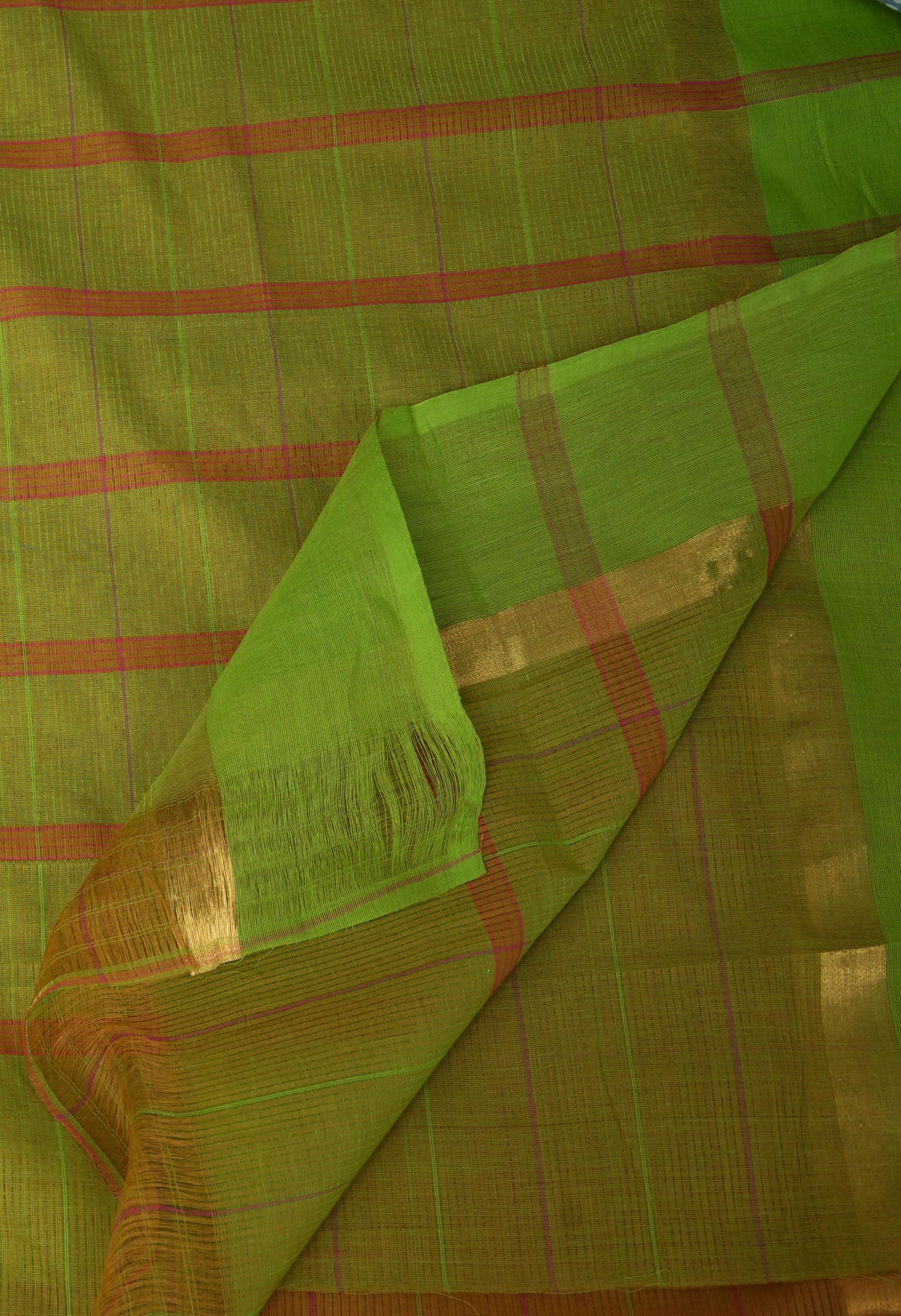 Mustard Brown-Green Pure Woven Checks Pavani Mangalgiri Cotton Saree-UNM83148
