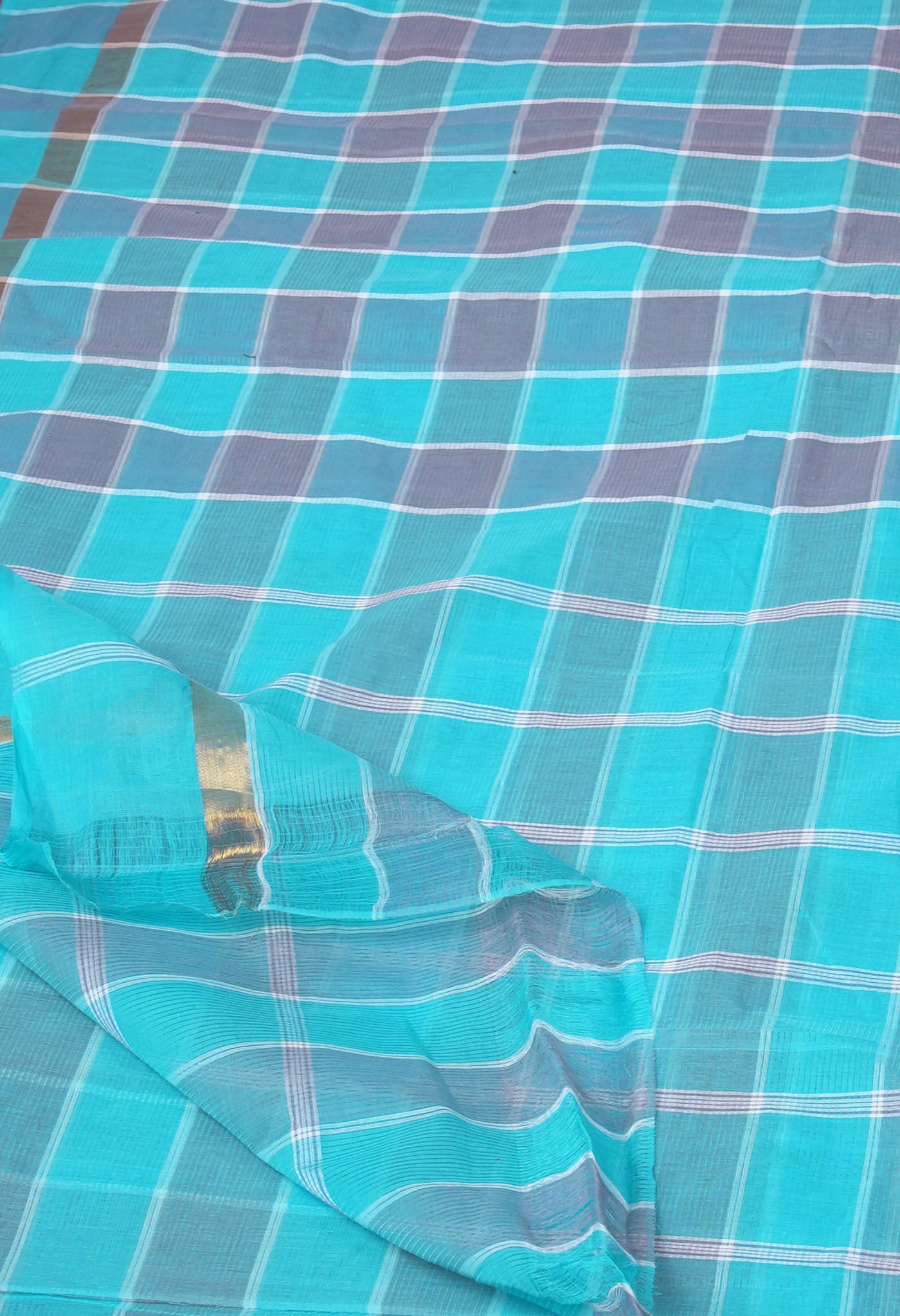 Blue-Grey Pure Woven Checks Pavani Mangalgiri Cotton Saree-UNM83151