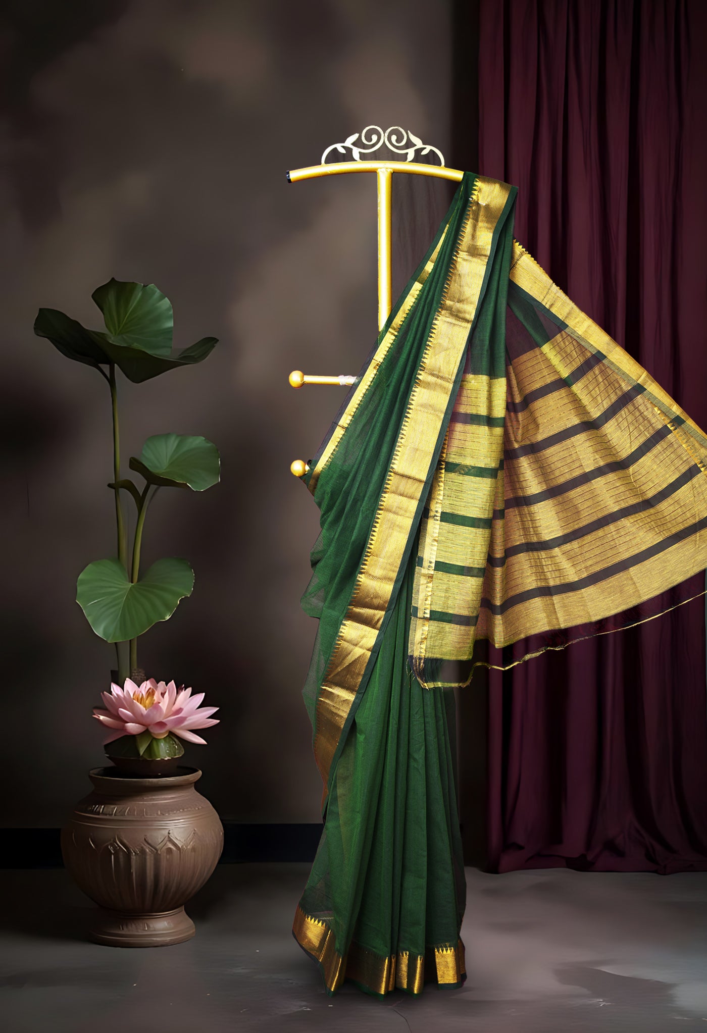Dark Green Pure Plain Pavani Mangalgiri Cotton Saree-UNM83187