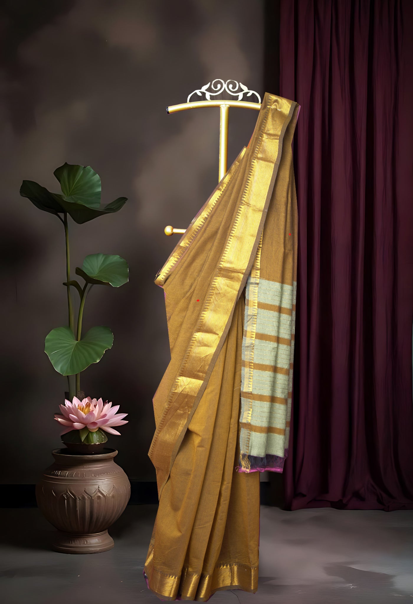 Mustard Brown Pure Plain Pavani Mangalgiri Cotton Saree-UNM83188