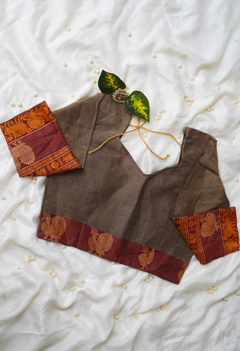 Ecru Brown Pure Handloom Pavani Chettinad Cotton Readymade Blouse (32 Size +1inch Margin)–PKB410