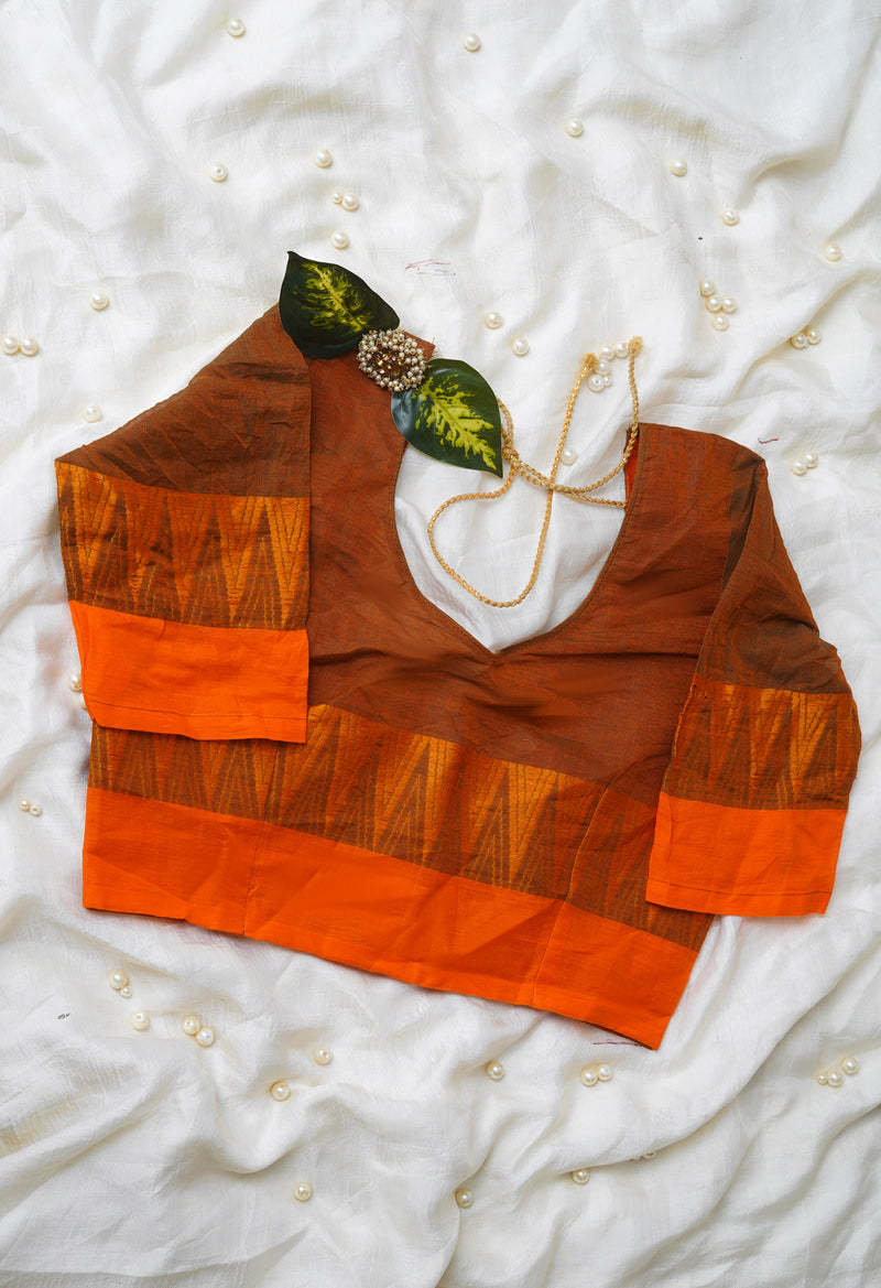 Orange Pure Handloom Pavani Chettinad Cotton Readymade Blouse (32 Size +1inch Margin)–PKB413