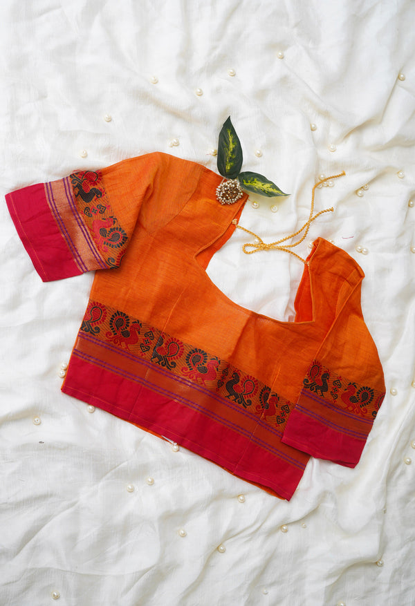 Orange Pure Handloom Pavani Chettinad Cotton Readymade Blouse (32 Size +1inch Margin)–PKB416