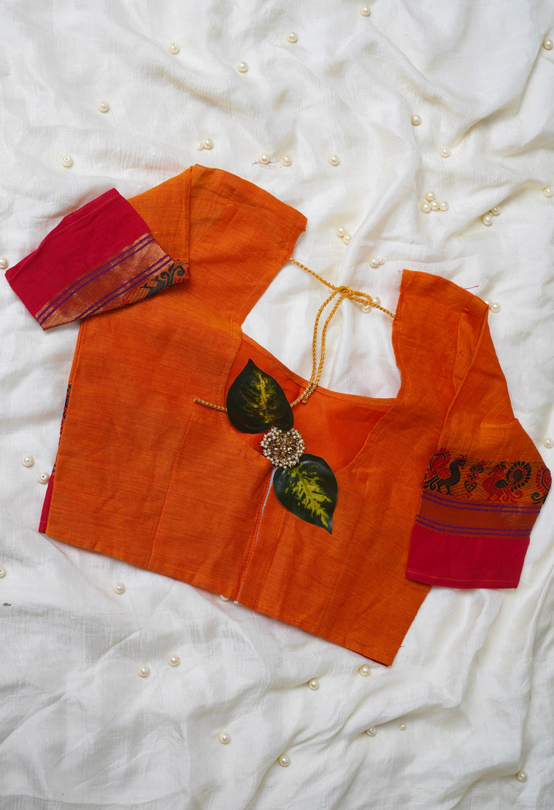 Orange Pure Handloom Pavani Chettinad Cotton Readymade Blouse (32 Size +1inch Margin)–PKB416