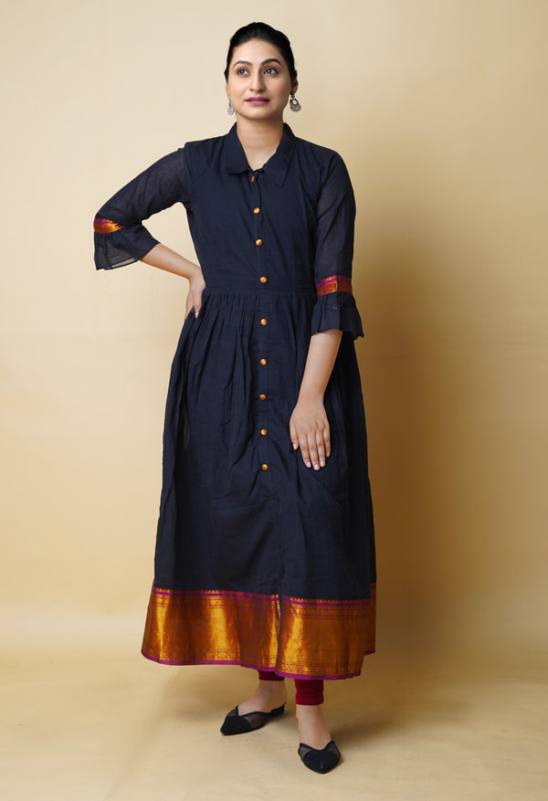 Black Pure Handloom Pavani Narayanpet Cotton Kurta-PKK1924