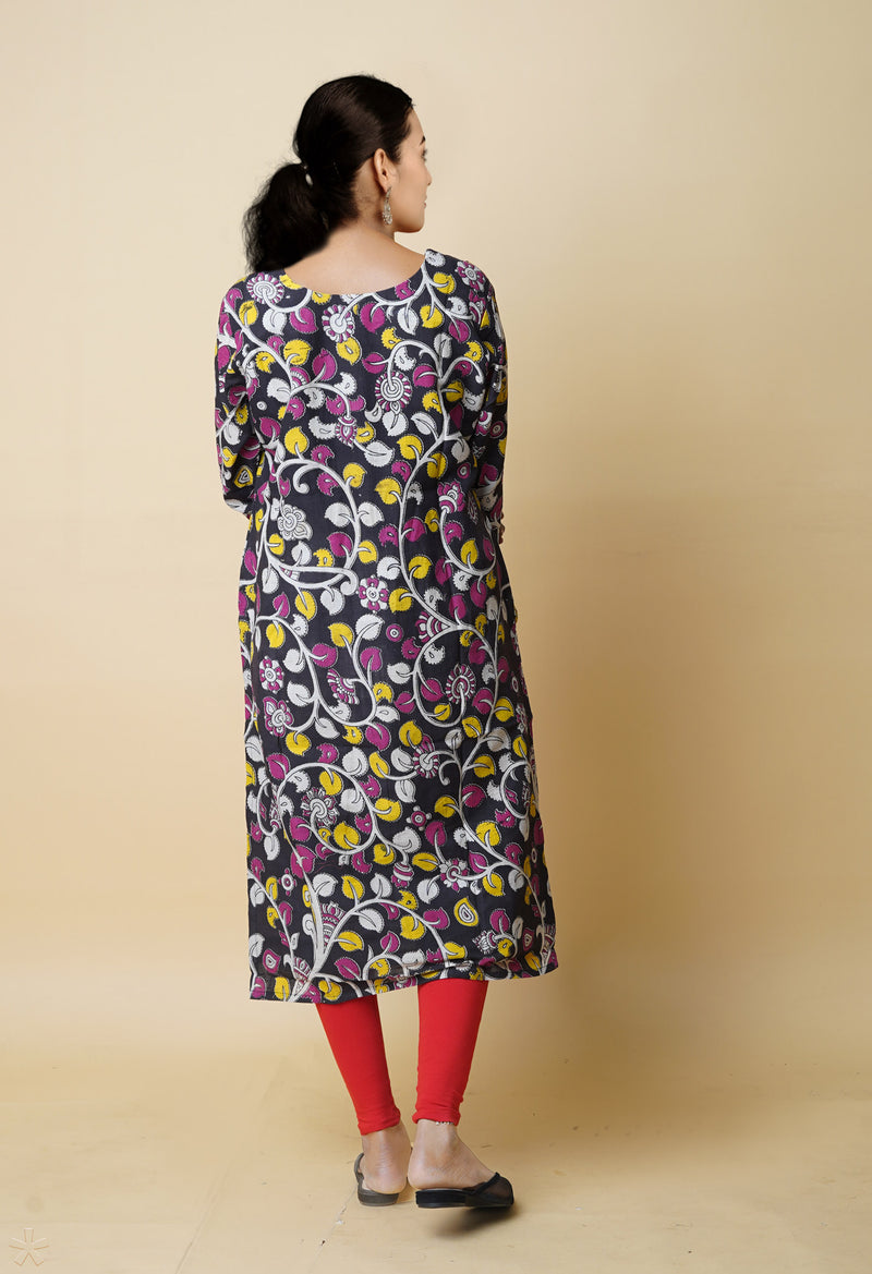 Black Pure Kalamkari Floral Printed With Embroidery Cotton Kurta-PKK1929