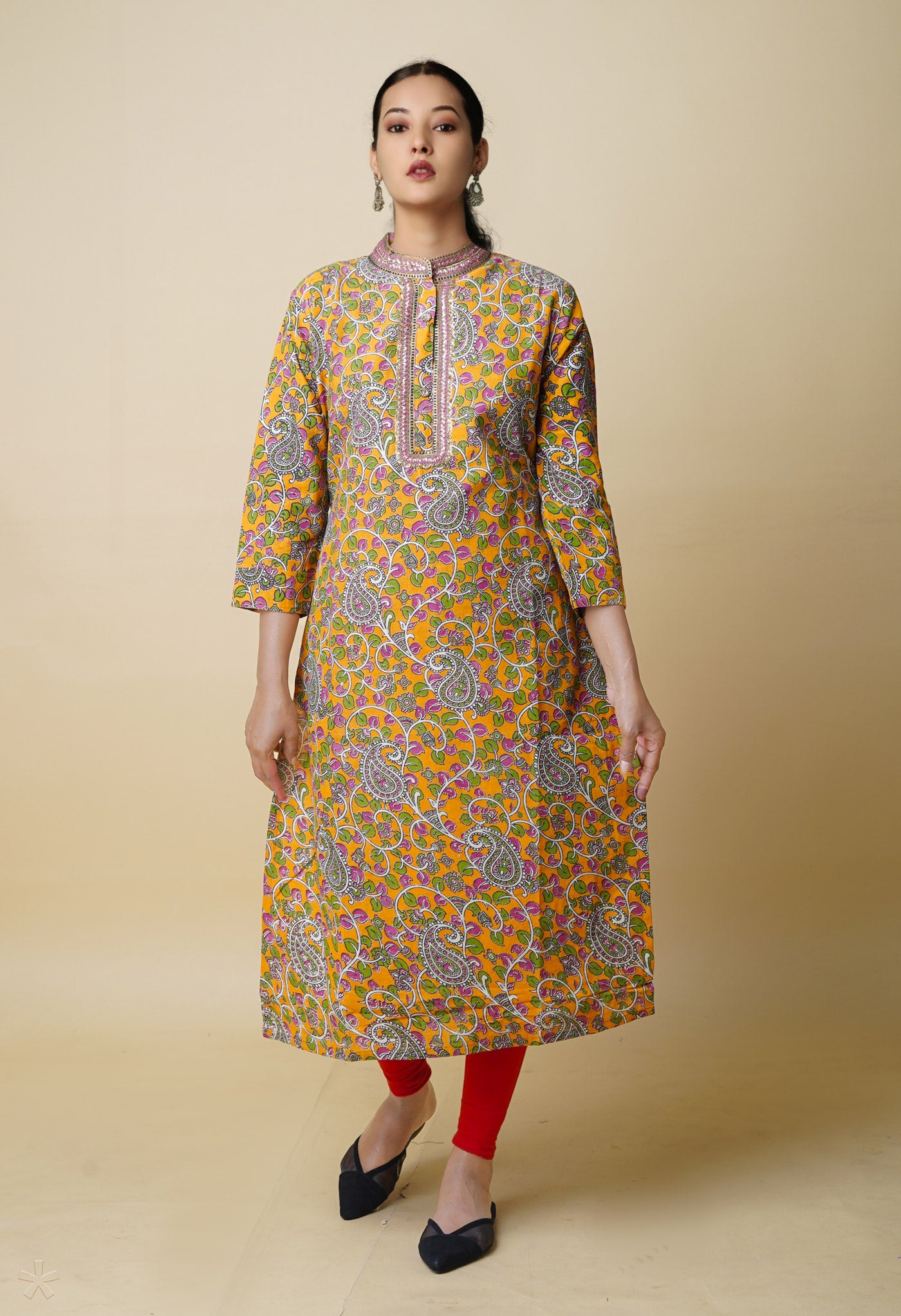 Orange Pure Kalamkari Floral Printed With Embroidery Cotton Kurta-PKK1930