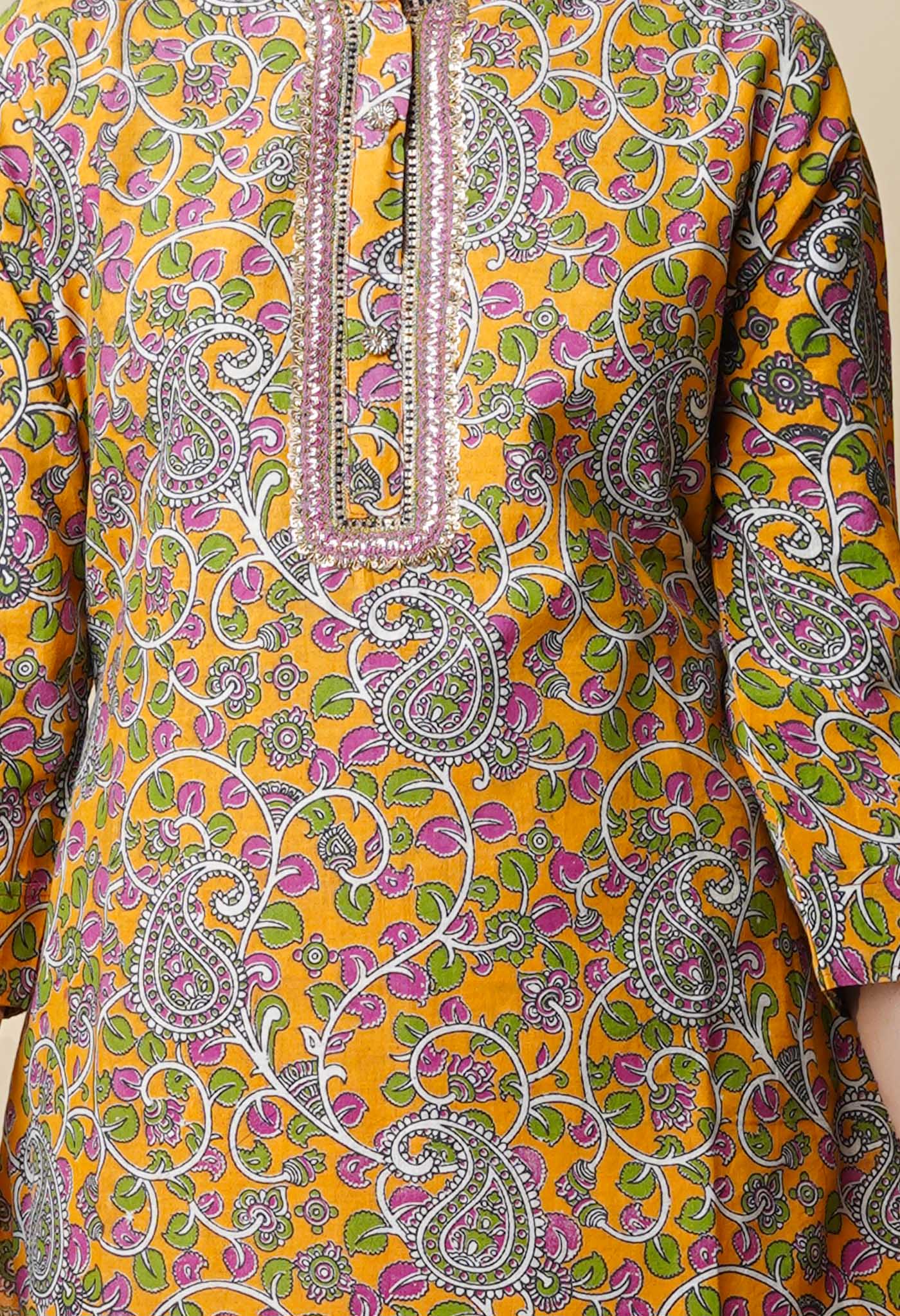 Orange Pure Kalamkari Floral Printed With Embroidery Cotton Kurta-PKK1930