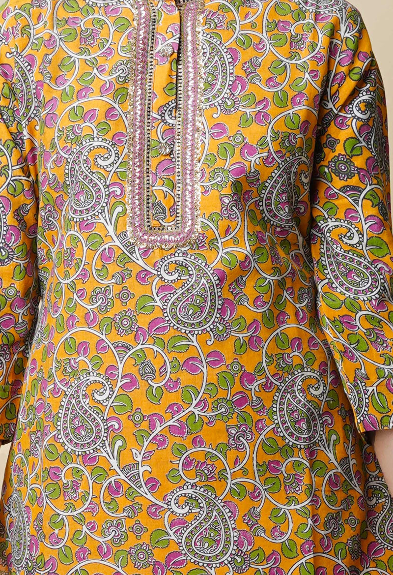 Orange Pure Kalamkari Floral Printed With Embroidery Cotton Kurta-PKK1930
