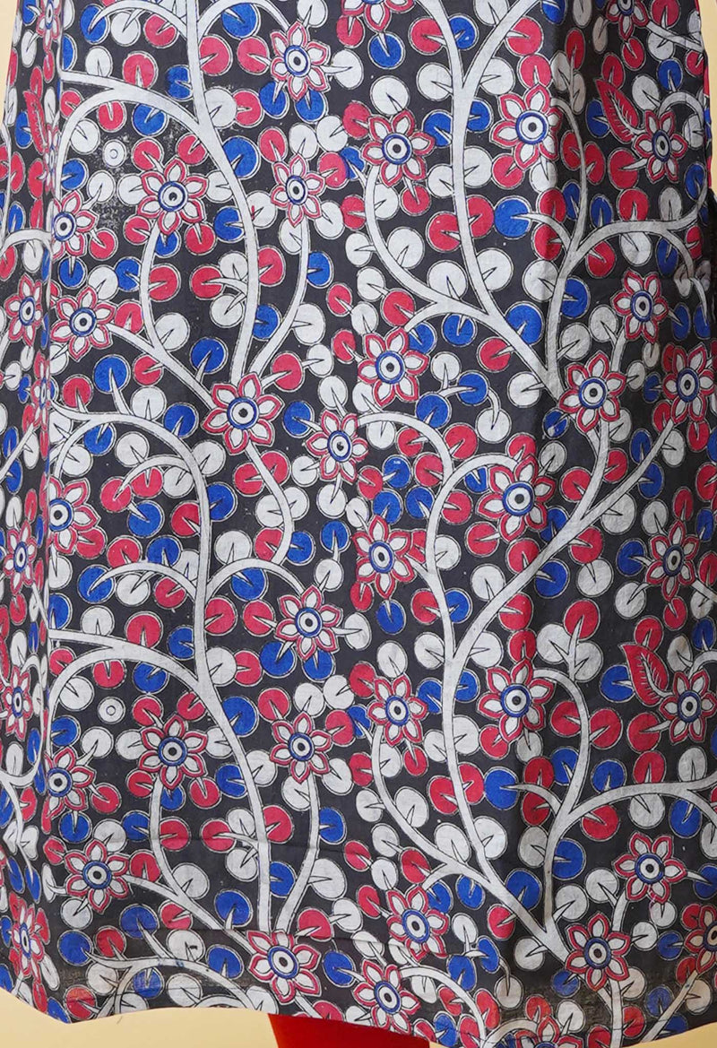 Black Pure Kalamkari Floral Printed With Embroidery Cotton Kurta-PKK1931