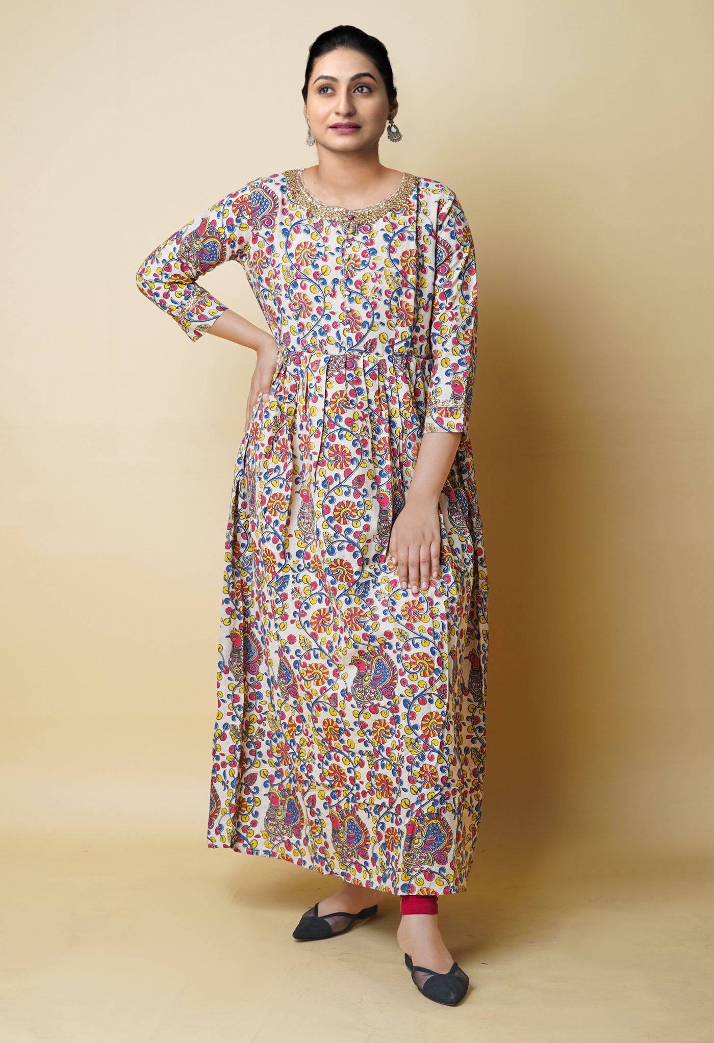 Cream Pure Kalamkari Floral Printed With Embroidery Cotton Kurta-PKK1933