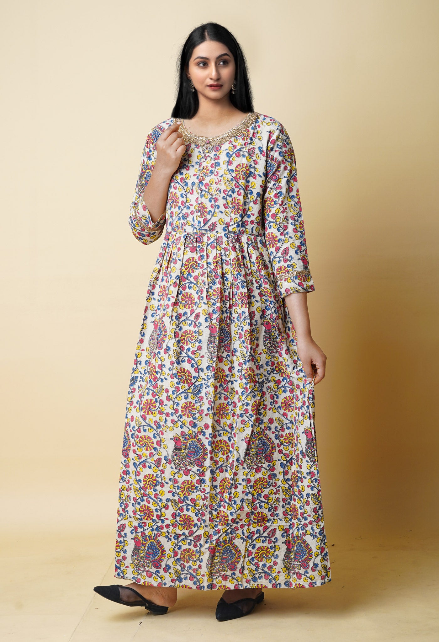 Cream Pure Kalamkari Floral Printed With Embroidery Cotton Kurta-PKK1933