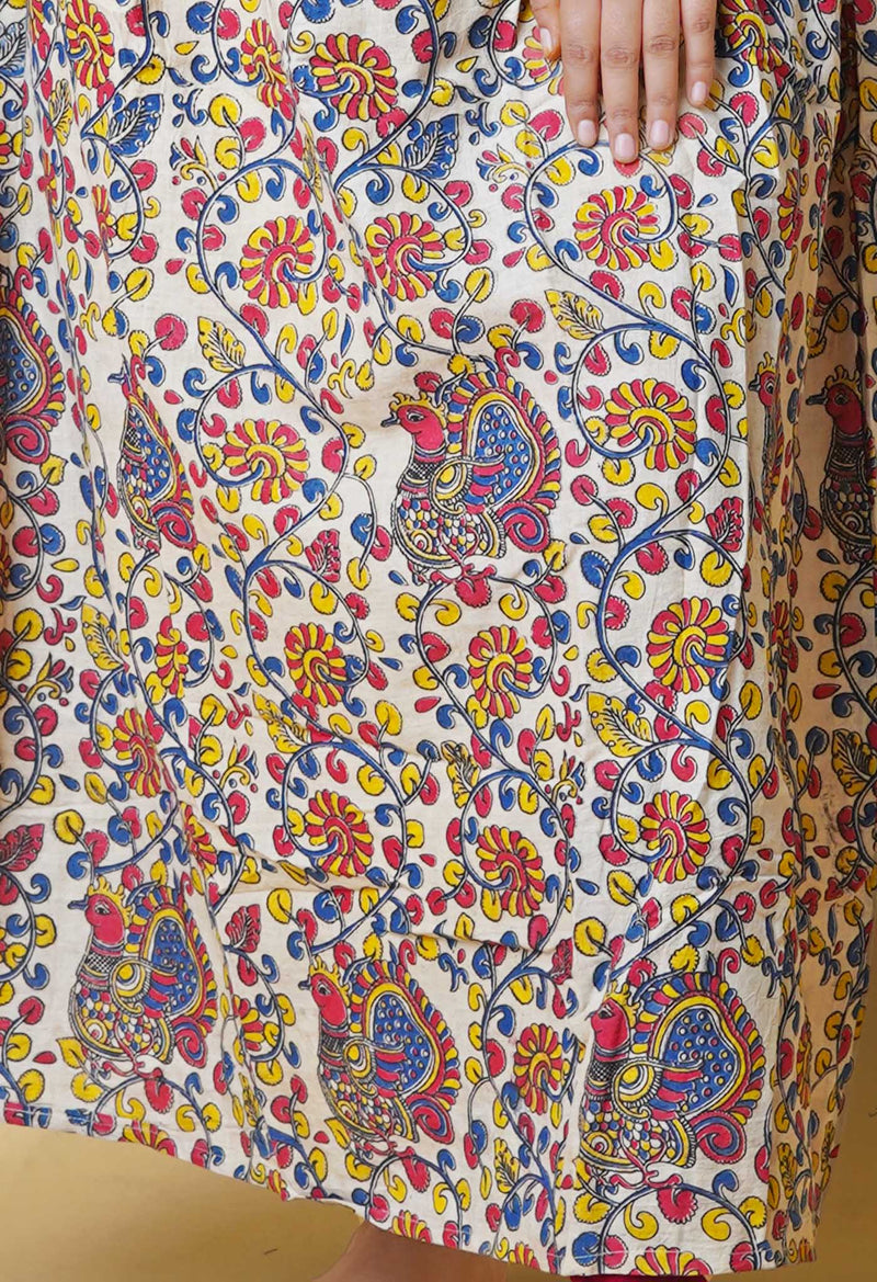 Cream Pure Kalamkari Floral Printed With Embroidery Cotton Kurta-PKK1933