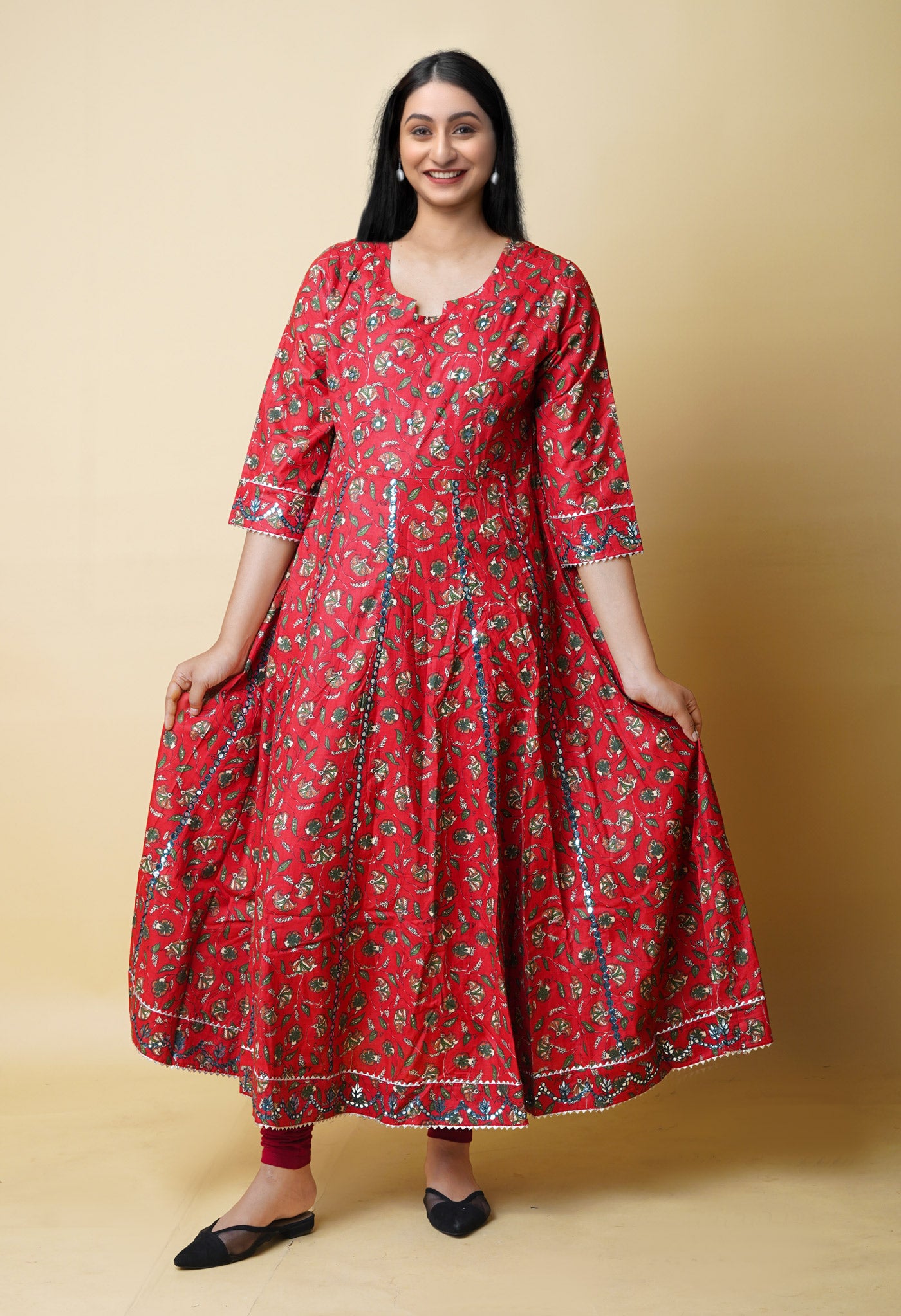 Red Pure Kalamkari Floral Printed With Embroidery Cotton Kurta-PKK1934