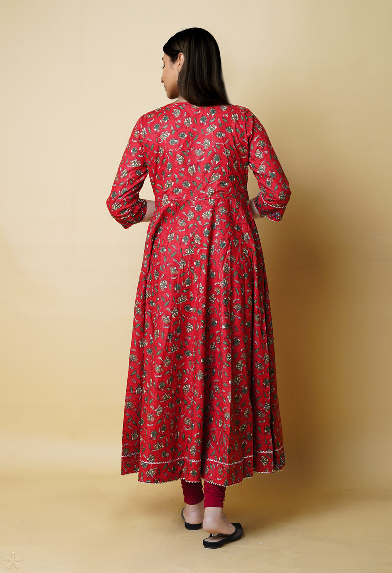 Red Pure Kalamkari Floral Printed With Embroidery Cotton Kurta-PKK1934