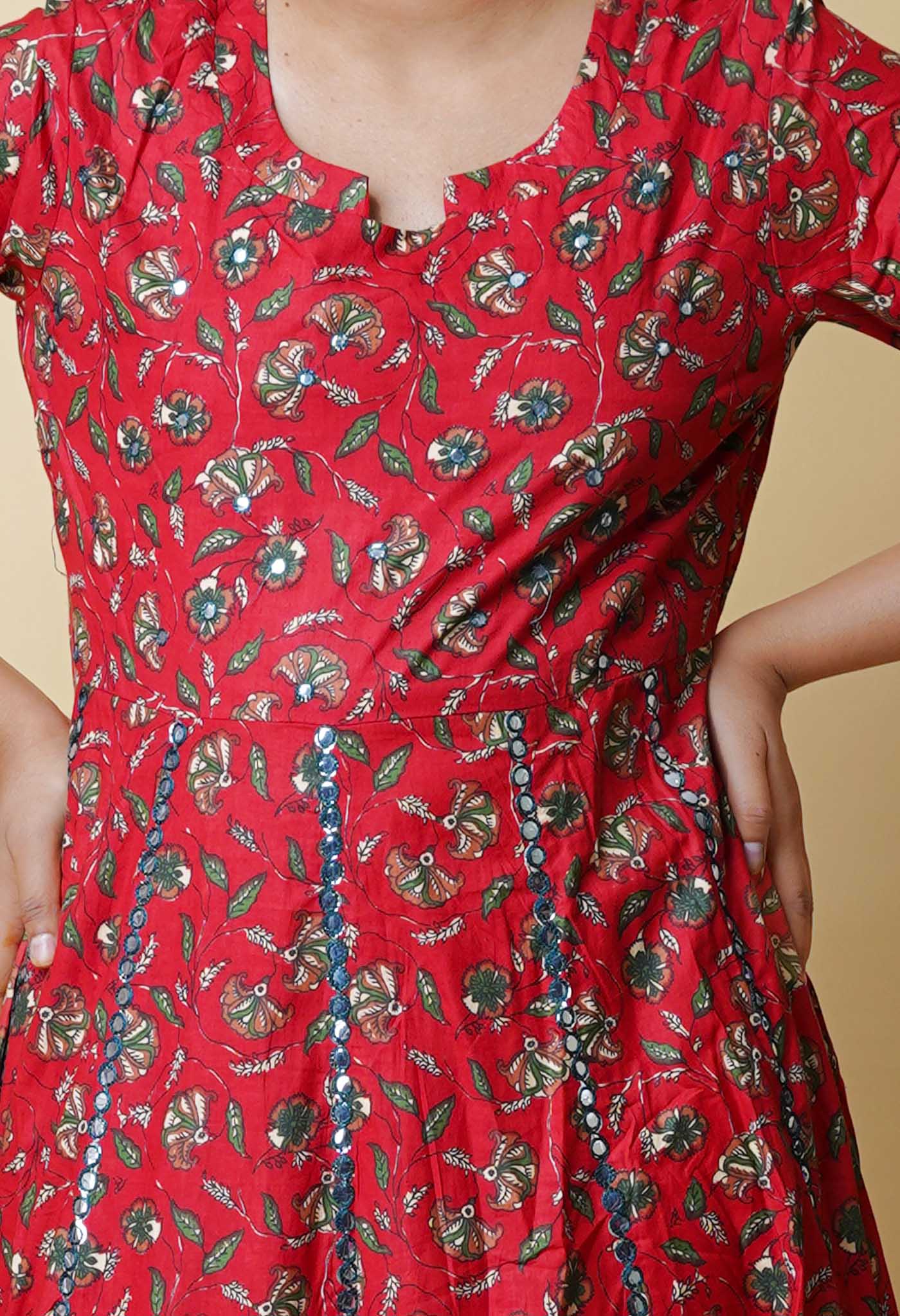 Red Pure Kalamkari Floral Printed With Embroidery Cotton Kurta-PKK1934