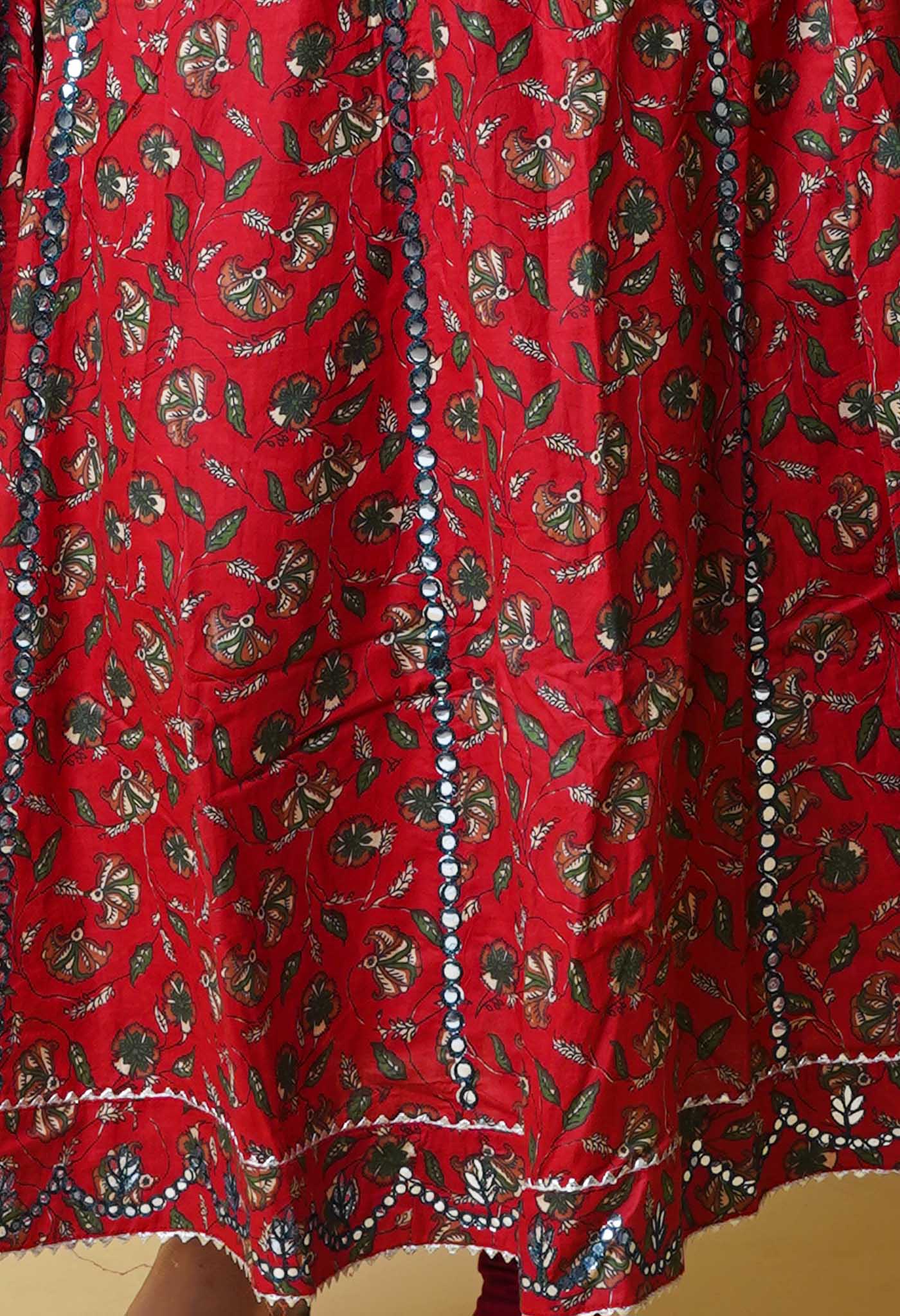 Red Pure Kalamkari Floral Printed With Embroidery Cotton Kurta-PKK1934