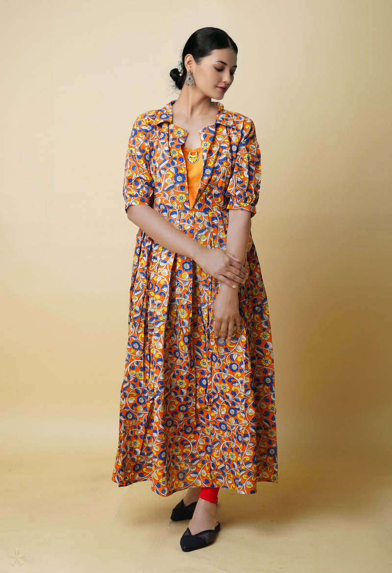 Orange Pure Kalamkari Floral Printed Cotton Kurta-PKK1938