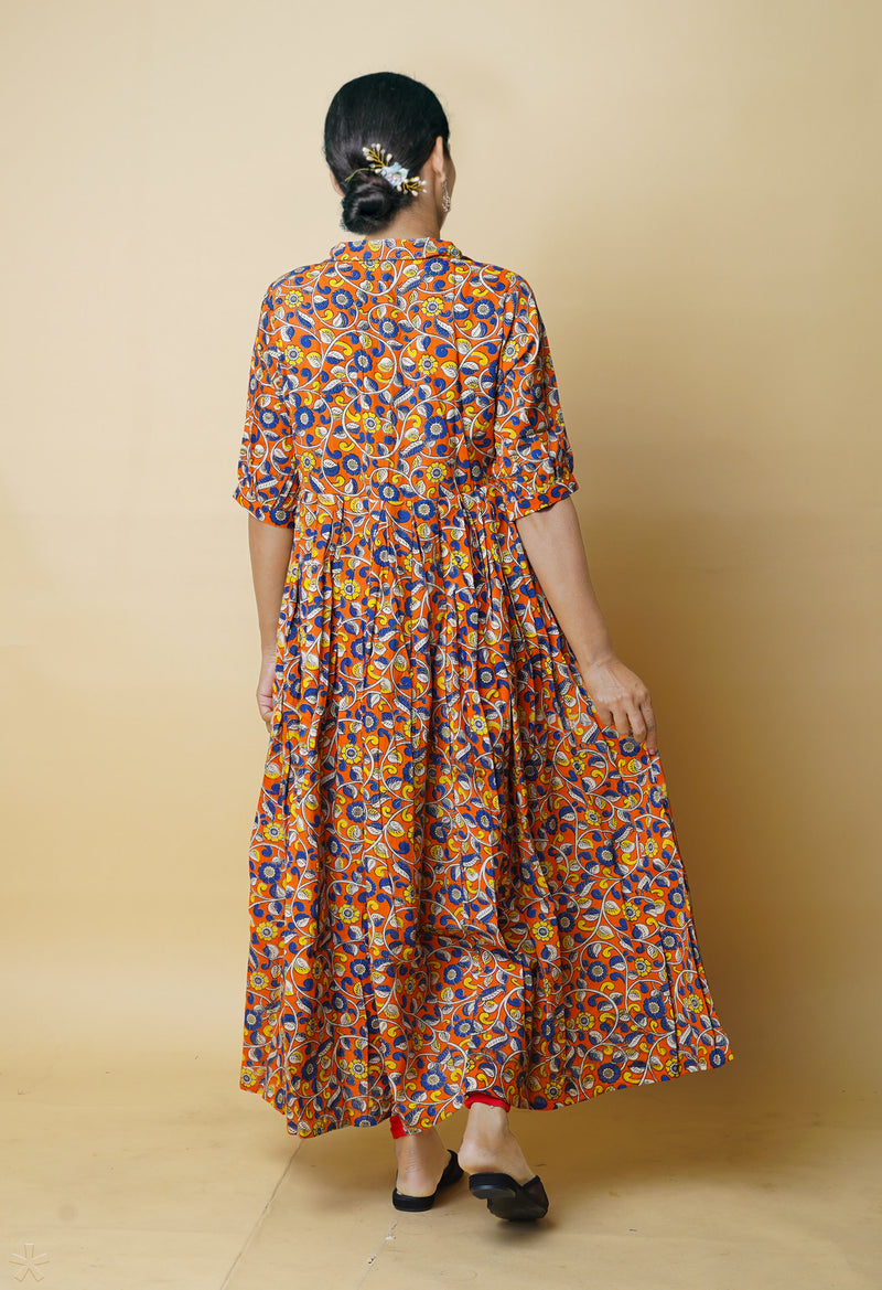 Orange Pure Kalamkari Floral Printed Cotton Kurta-PKK1938