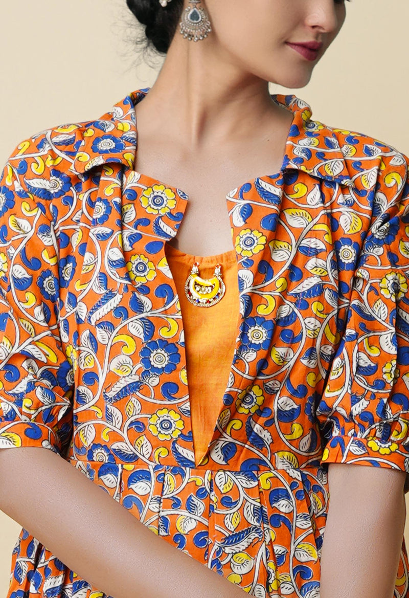 Orange Pure Kalamkari Floral Printed Cotton Kurta-PKK1938