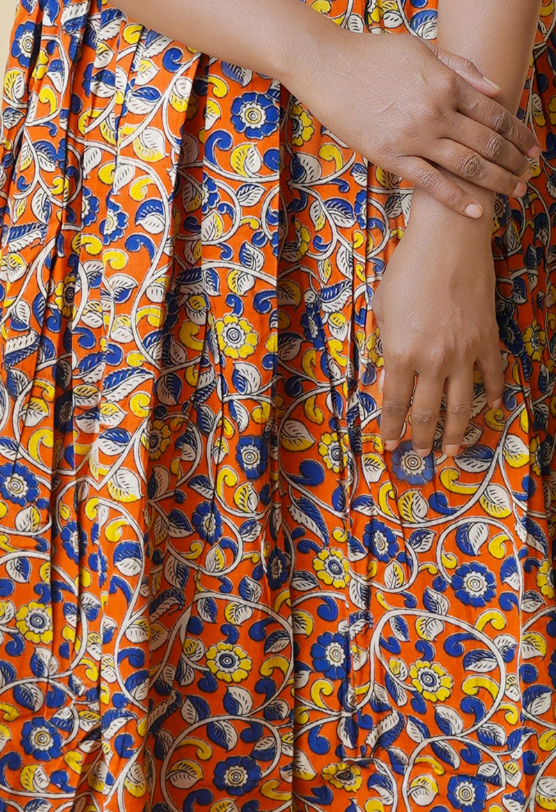 Orange Pure Kalamkari Floral Printed Cotton Kurta-PKK1938