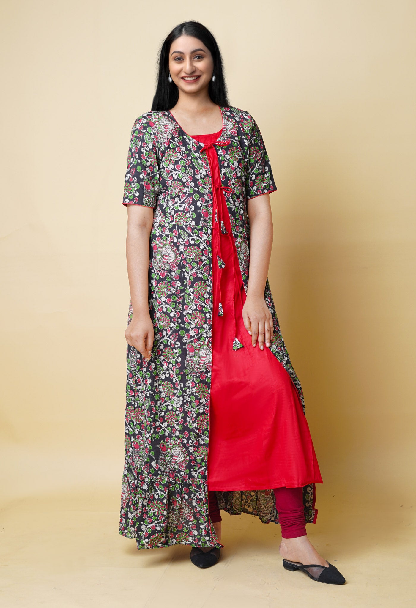 Black-Red Pure Kalamkari Floral Printed Cotton Kurta-PKK1942