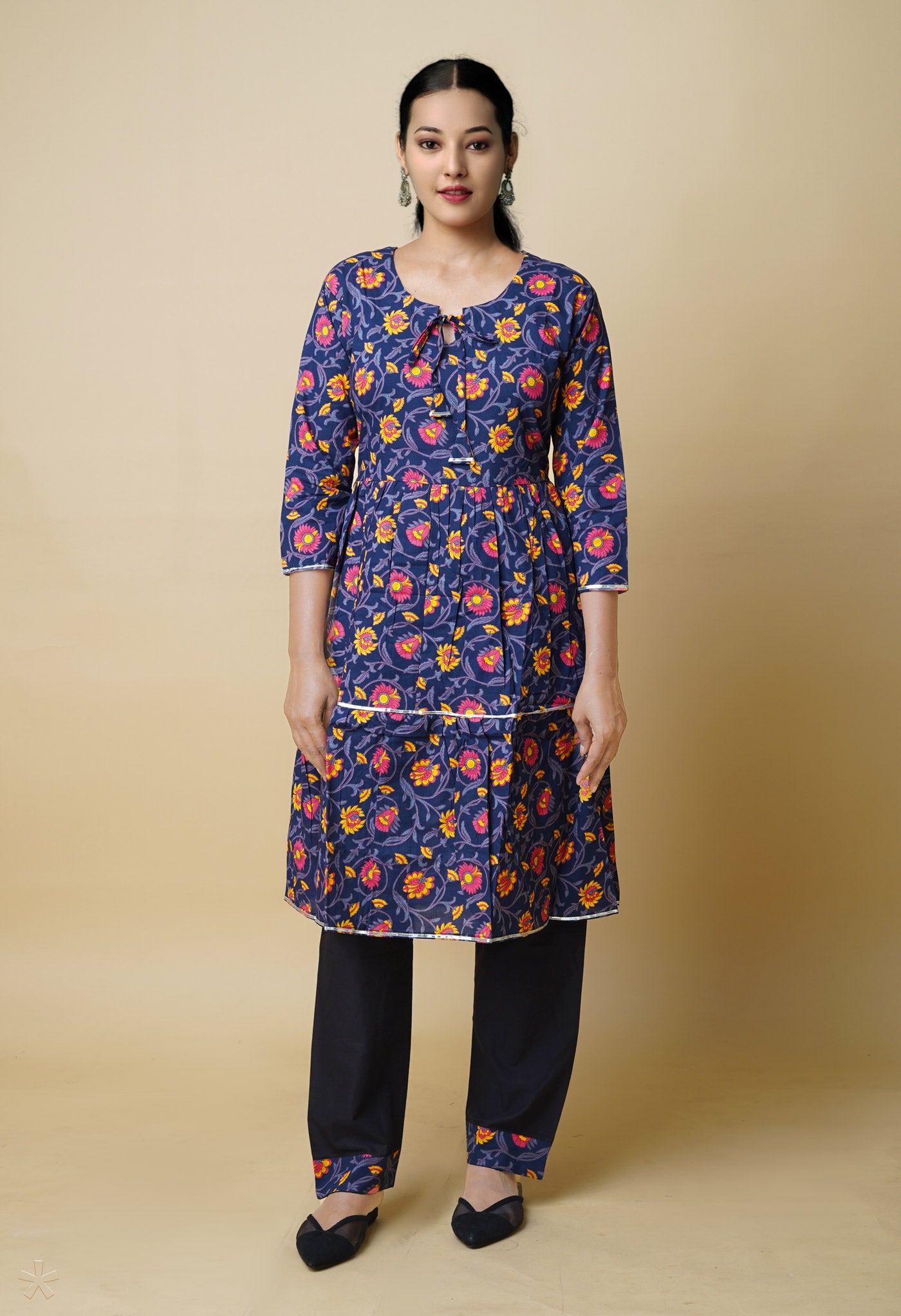 Navy Blue Pure Bagru Floral Printed Cotton Kurta With Black Bottom-PKK1943