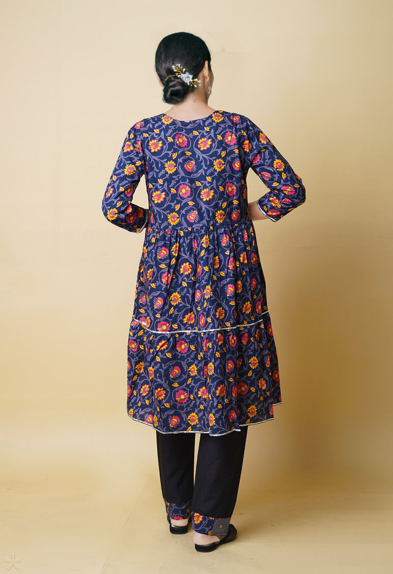 Navy Blue Pure Bagru Floral Printed Cotton Kurta With Black Bottom-PKK1943