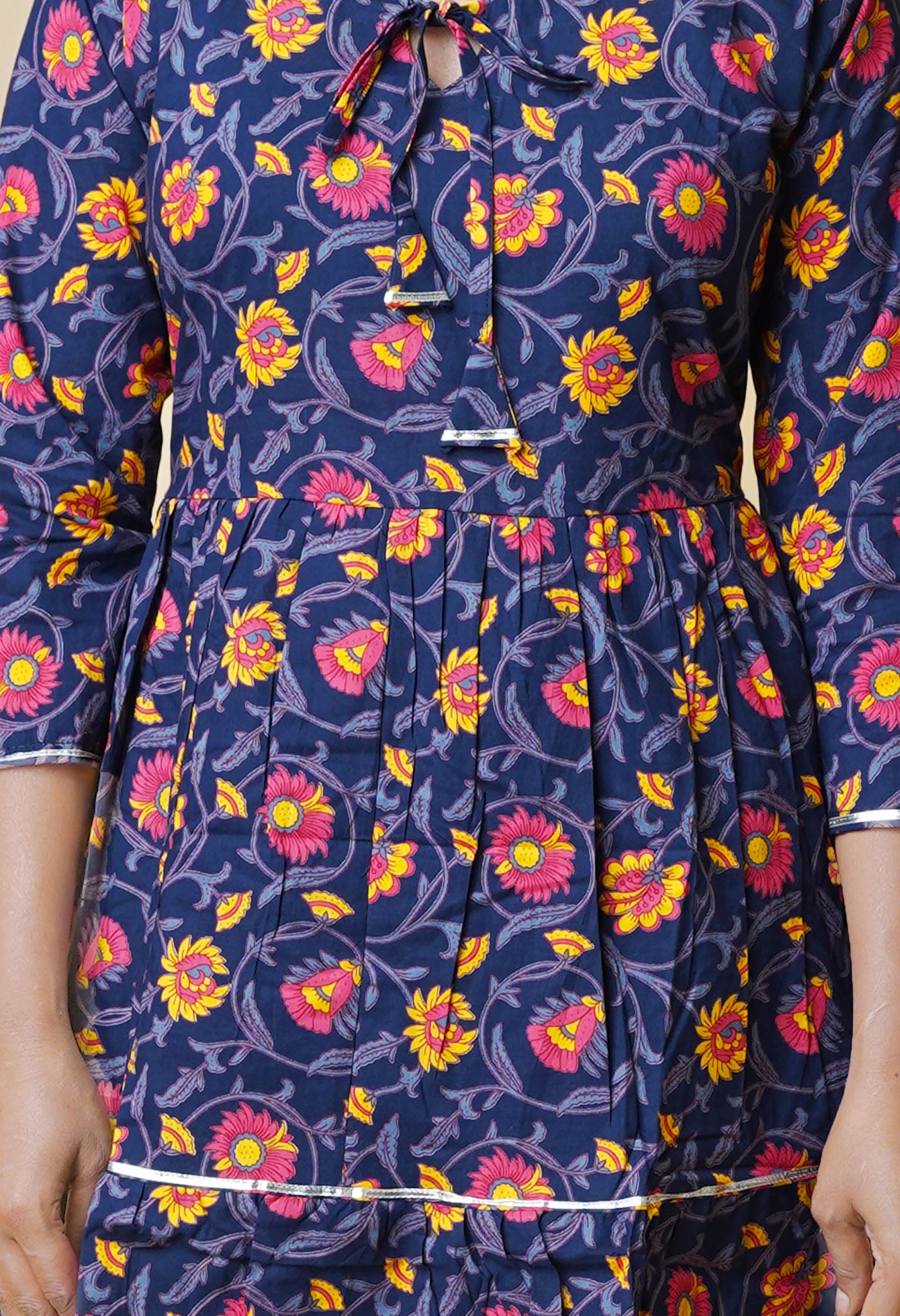 Navy Blue Pure Bagru Floral Printed Cotton Kurta With Black Bottom-PKK1943