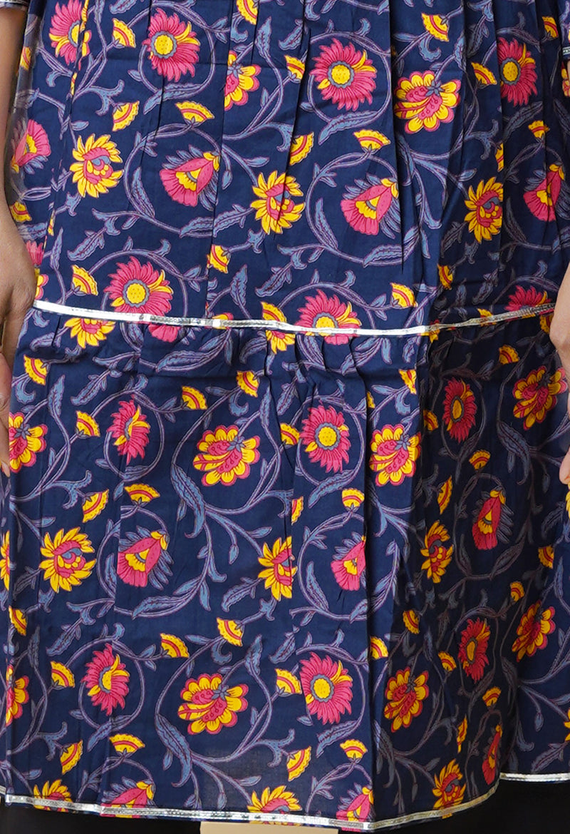 Navy Blue Pure Bagru Floral Printed Cotton Kurta With Black Bottom-PKK1943