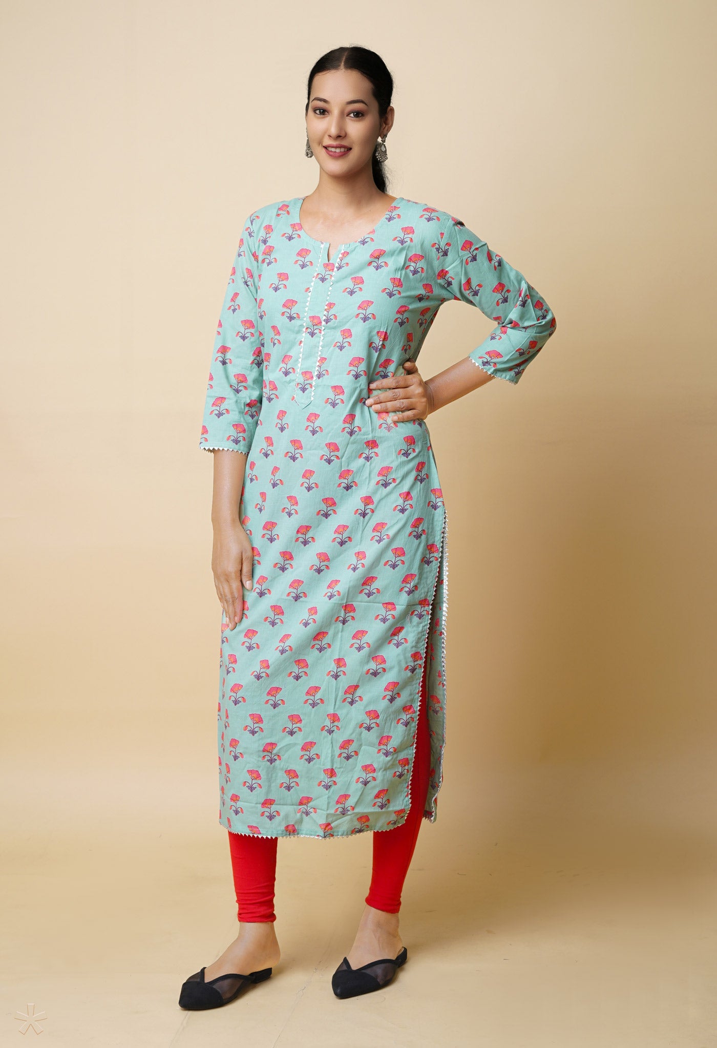 Pastel Green Pure Bagru Floral Printed Cotton Kurta-PKK1944