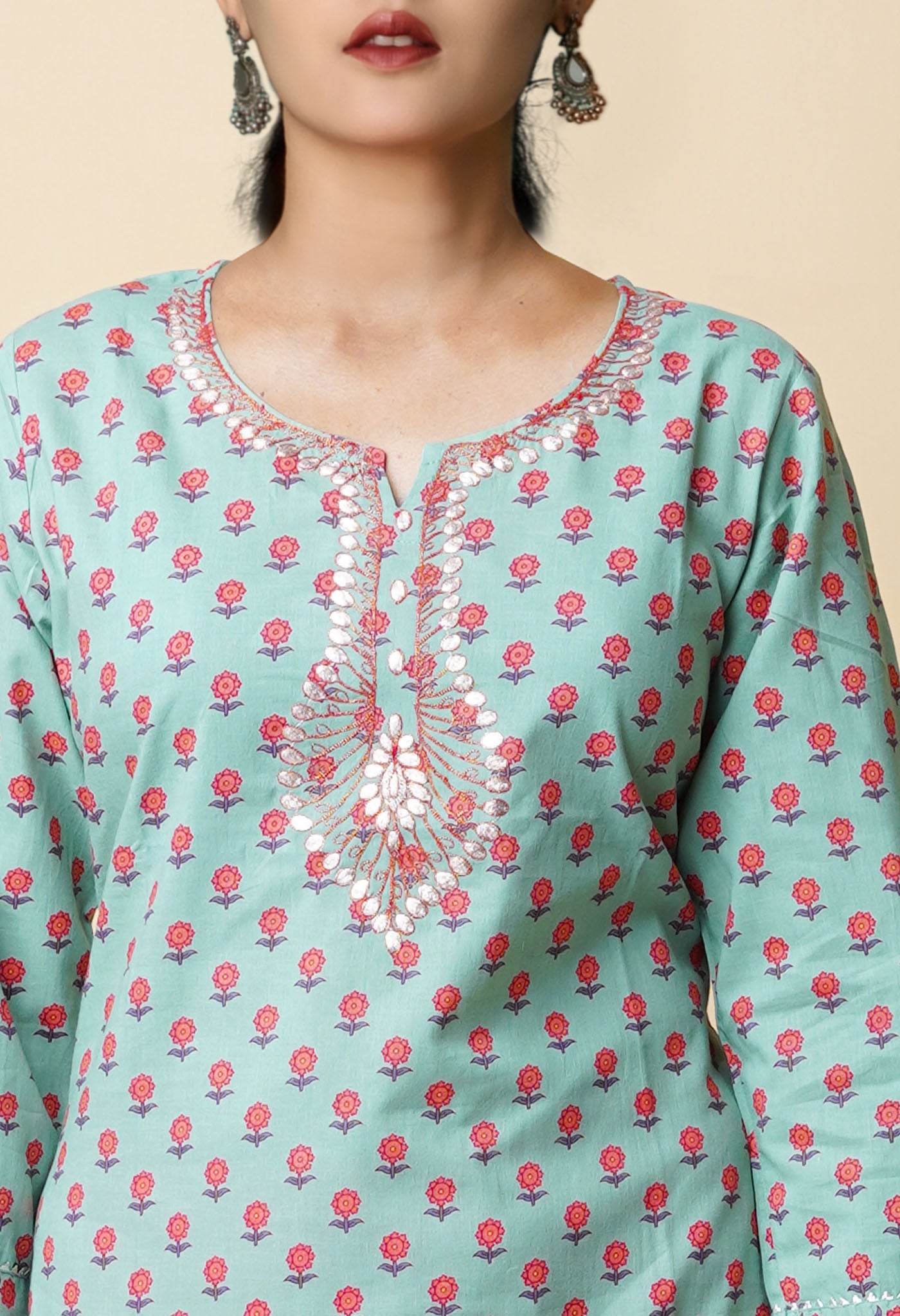 Pastel Green Pure Bagru Floral Printed With Embroidery Cotton Kurta-PKK1945