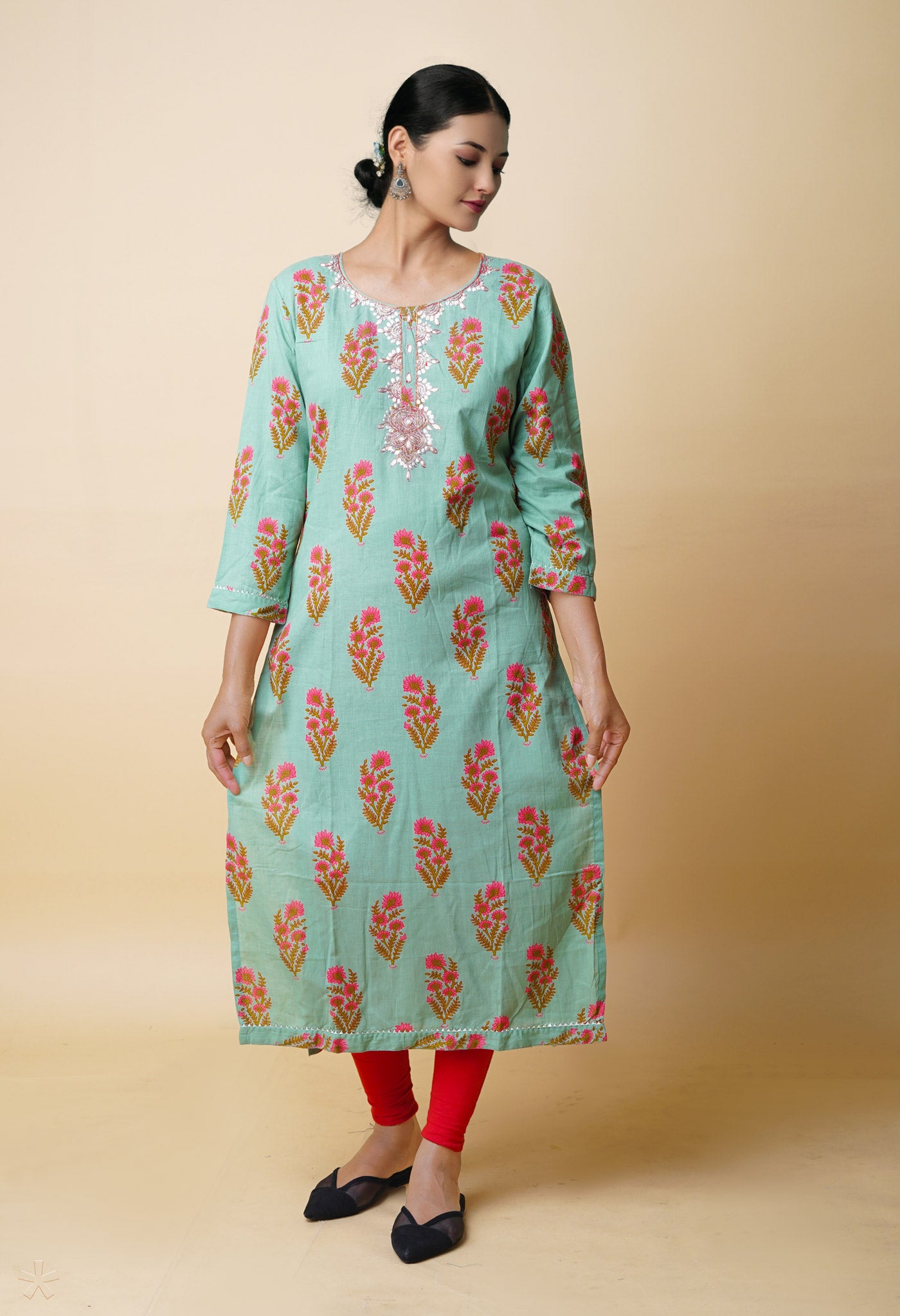 Pastel Green Pure Bagru Floral Printed With Embroidery Cotton Kurta-PKK1946