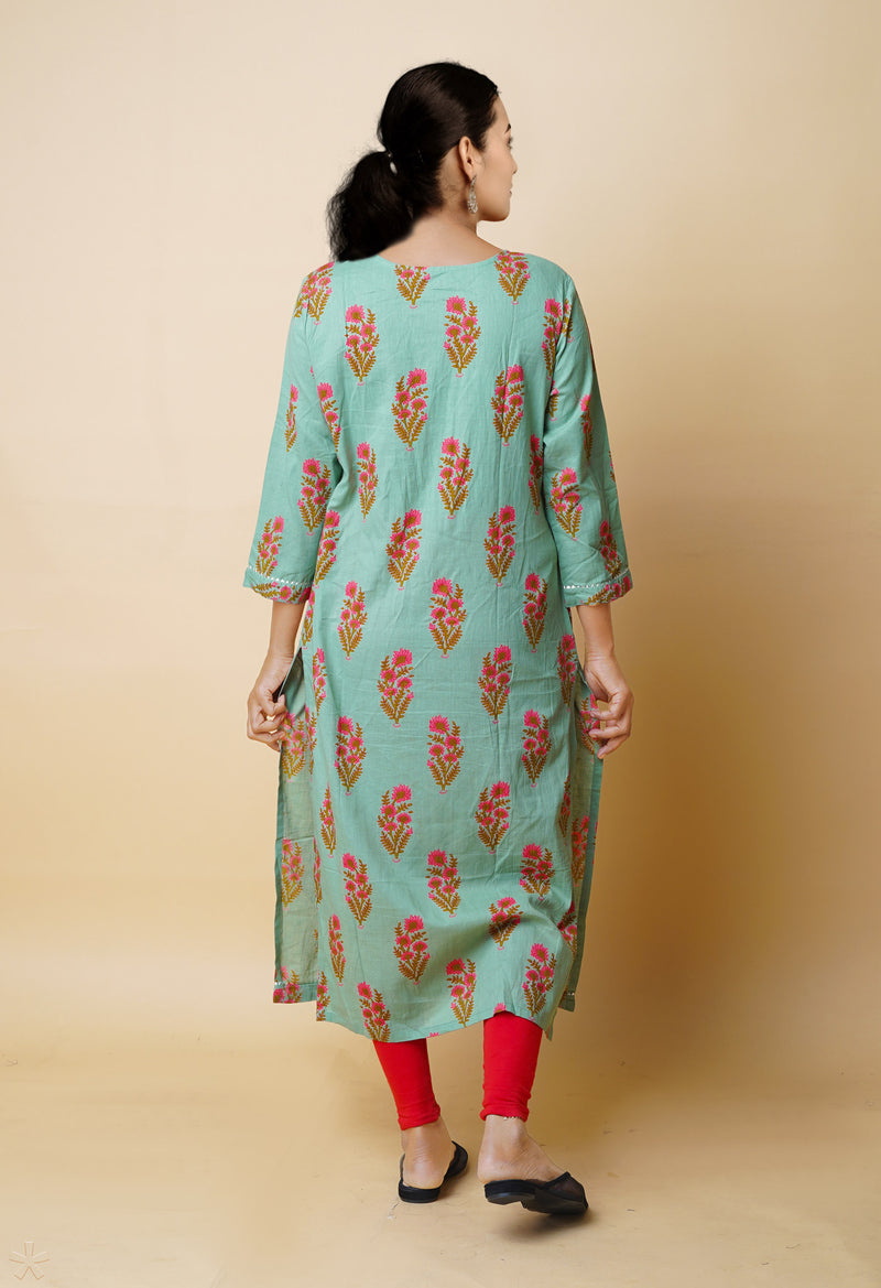 Pastel Green Pure Bagru Floral Printed With Embroidery Cotton Kurta-PKK1946