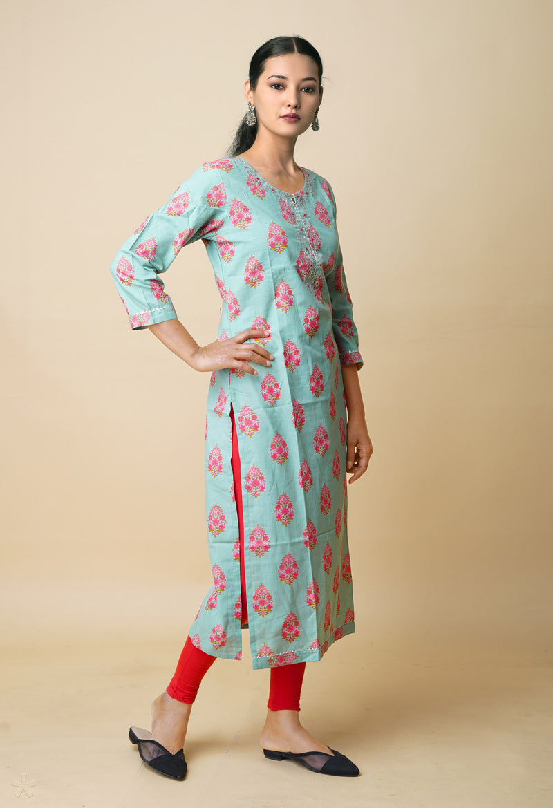 Pastel Green Pure Bagru Floral Printed With Embroidery Cotton Kurta-PKK1947