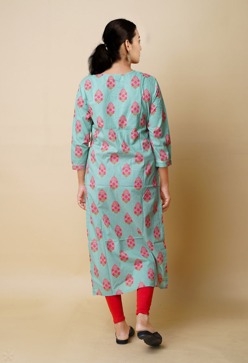 Pastel Green Pure Bagru Floral Printed With Embroidery Cotton Kurta-PKK1947