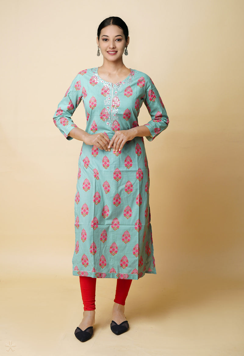 Pastel Green Pure Bagru Floral Printed With Embroidery Cotton Kurta-PKK1947
