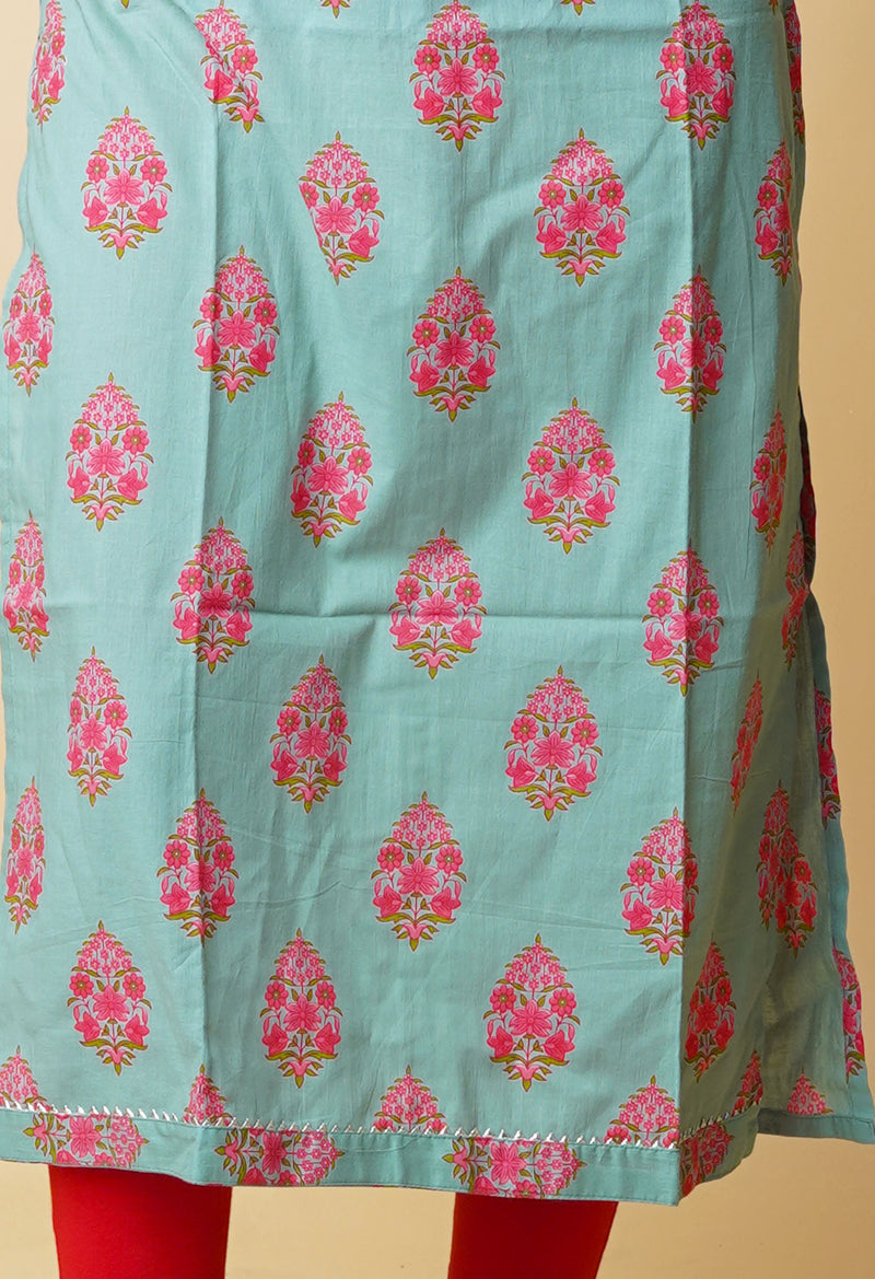 Pastel Green Pure Bagru Floral Printed With Embroidery Cotton Kurta-PKK1947