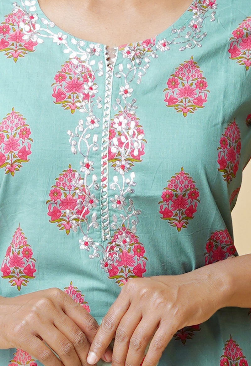 Pastel Green Pure Bagru Floral Printed With Embroidery Cotton Kurta-PKK1947