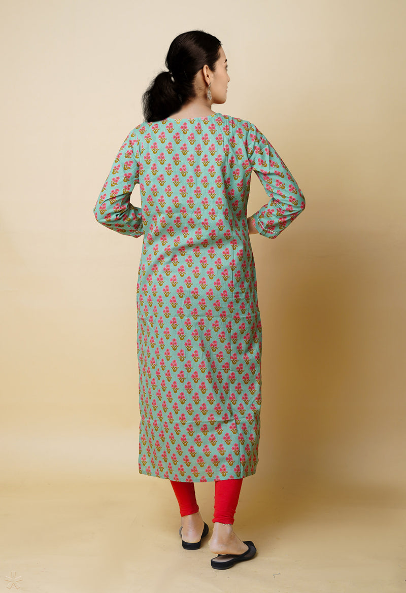 Pastel Green Pure Bagru Floral Printed With Embroidery Cotton Kurta-PKK1948