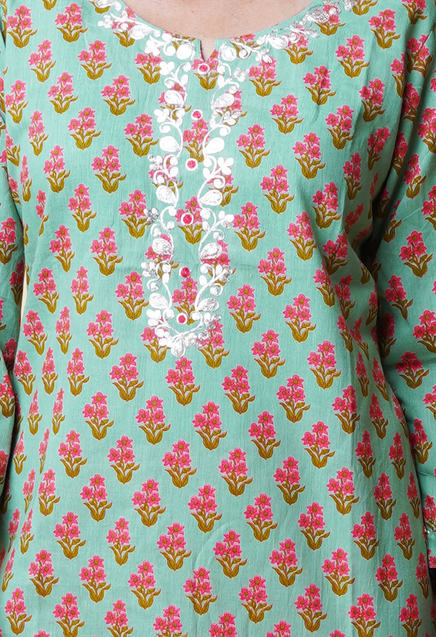 Pastel Green Pure Bagru Floral Printed With Embroidery Cotton Kurta-PKK1948