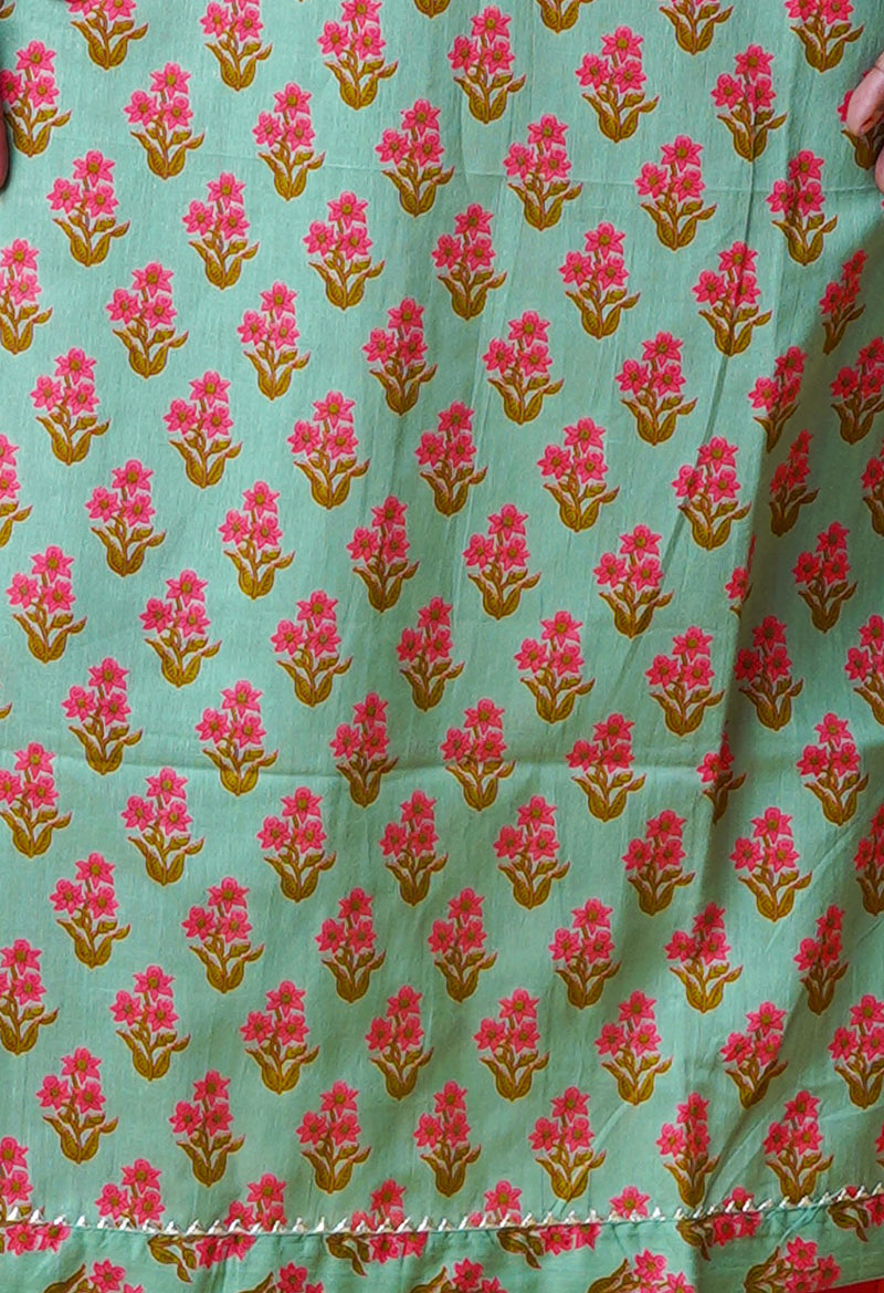 Pastel Green Pure Bagru Floral Printed With Embroidery Cotton Kurta-PKK1948