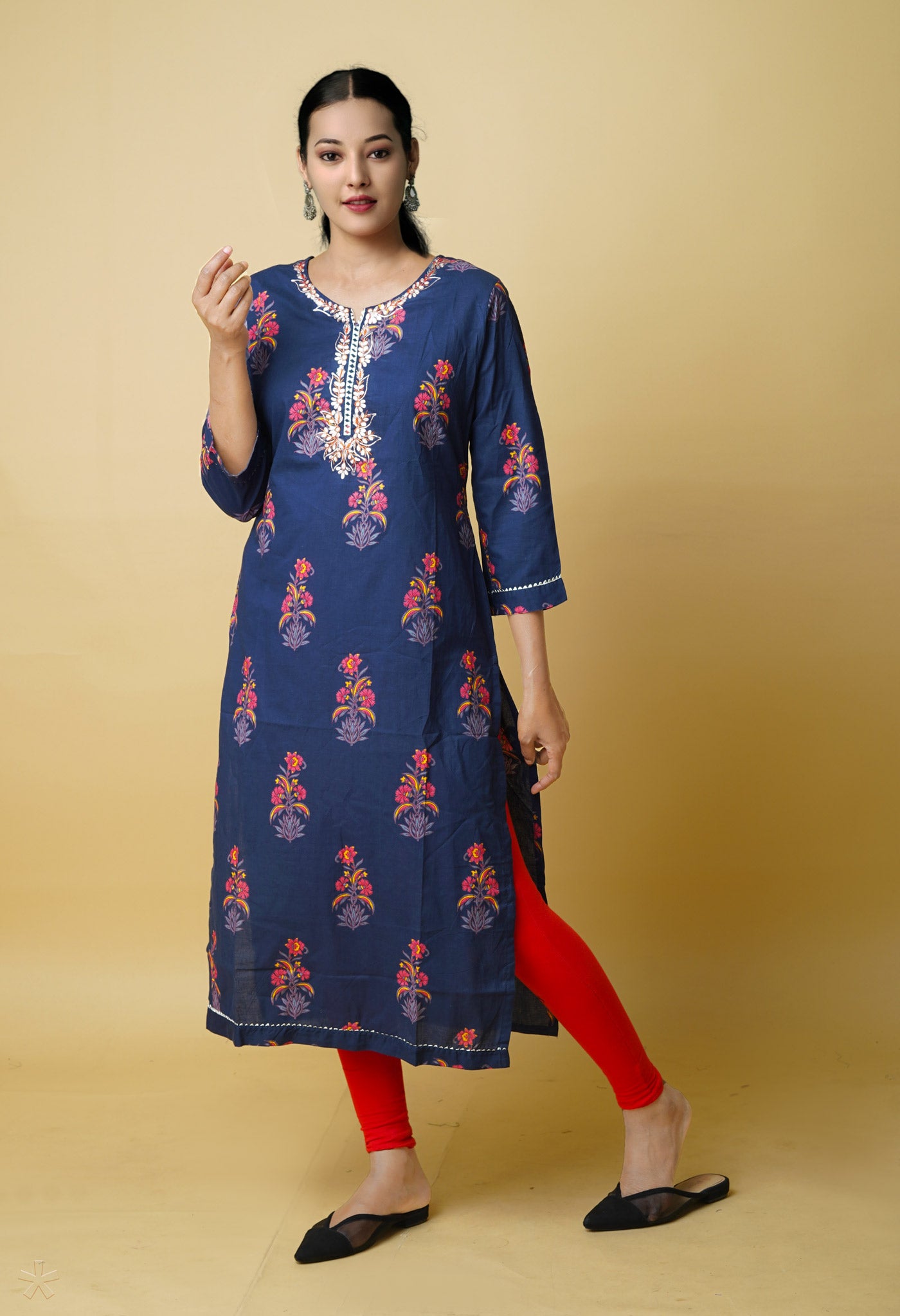 Navy Blue Pure Bagru Floral Printed With Embroidery Cotton Kurta-PKK1950