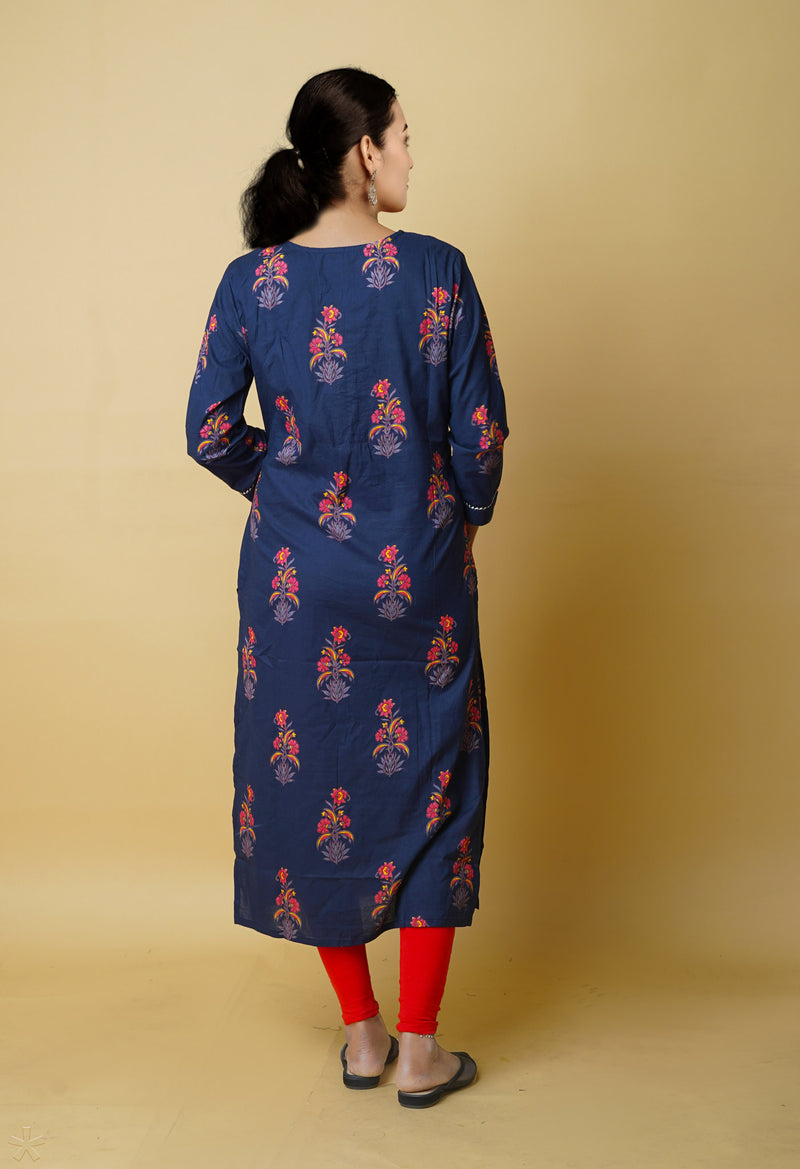 Navy Blue Pure Bagru Floral Printed With Embroidery Cotton Kurta-PKK1950