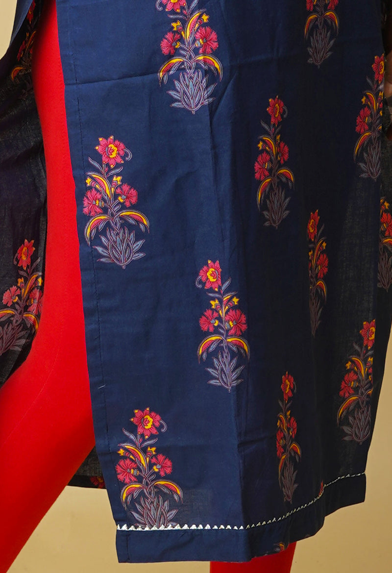 Navy Blue Pure Bagru Floral Printed With Embroidery Cotton Kurta-PKK1950