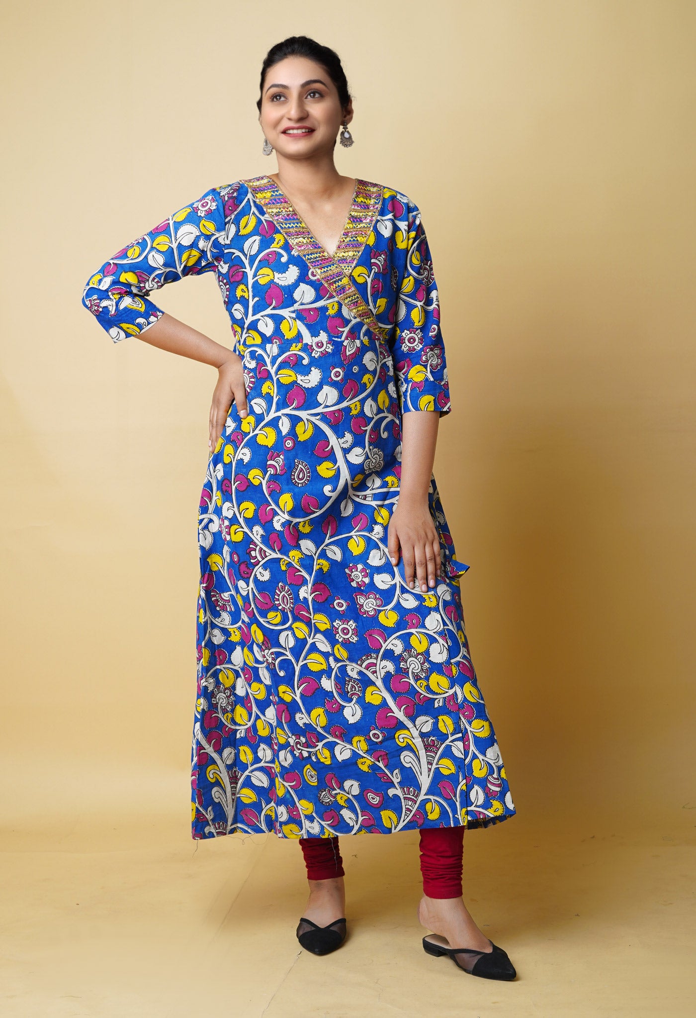 Blue Pure Kalamkari Floral Printed With Embroidery Cotton Kurta-PKK1951