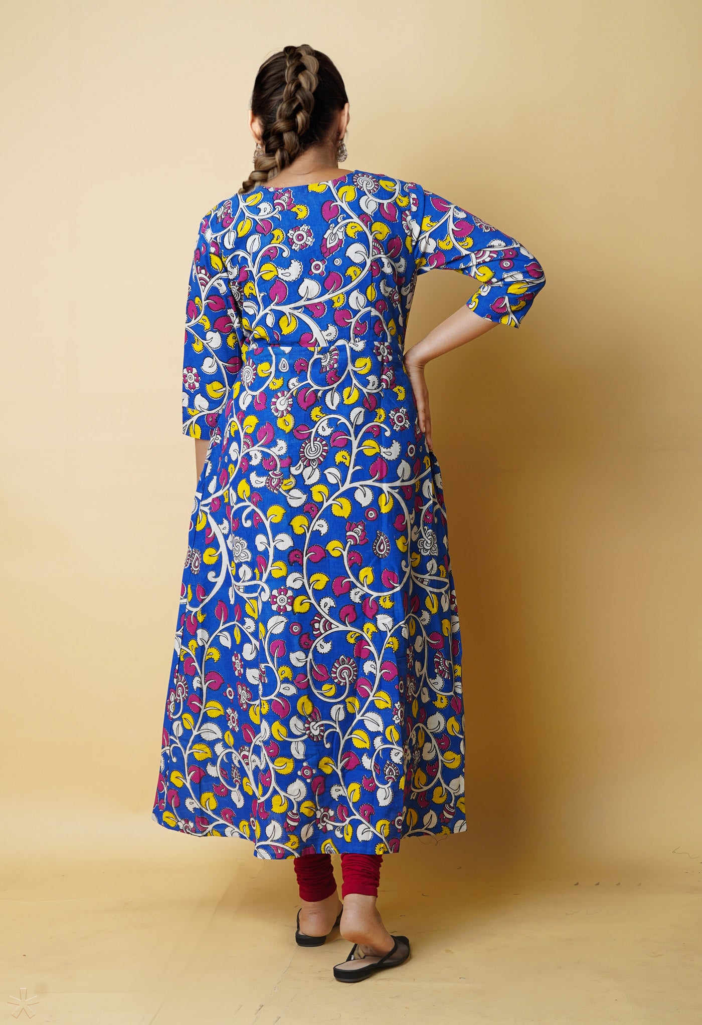 Blue Pure Kalamkari Floral Printed With Embroidery Cotton Kurta-PKK1951