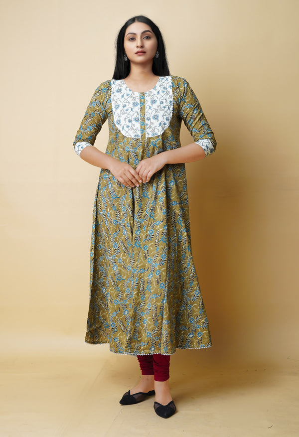Olive Green Pure Bagru Floral Printed Cotton Kurta-PKK1952