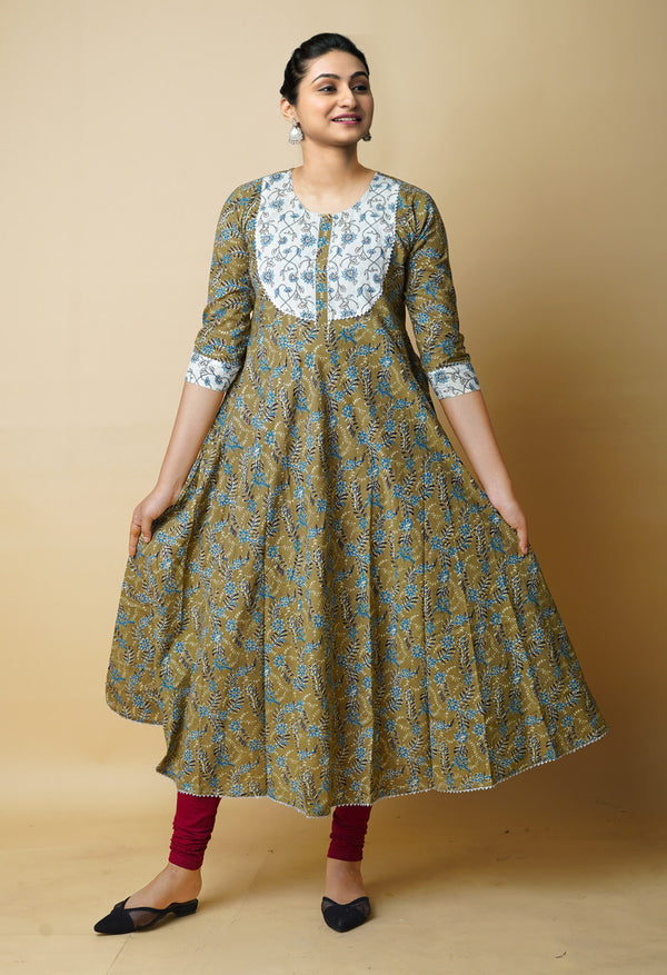 Olive Green Pure Bagru Floral Printed Cotton Kurta-PKK1952